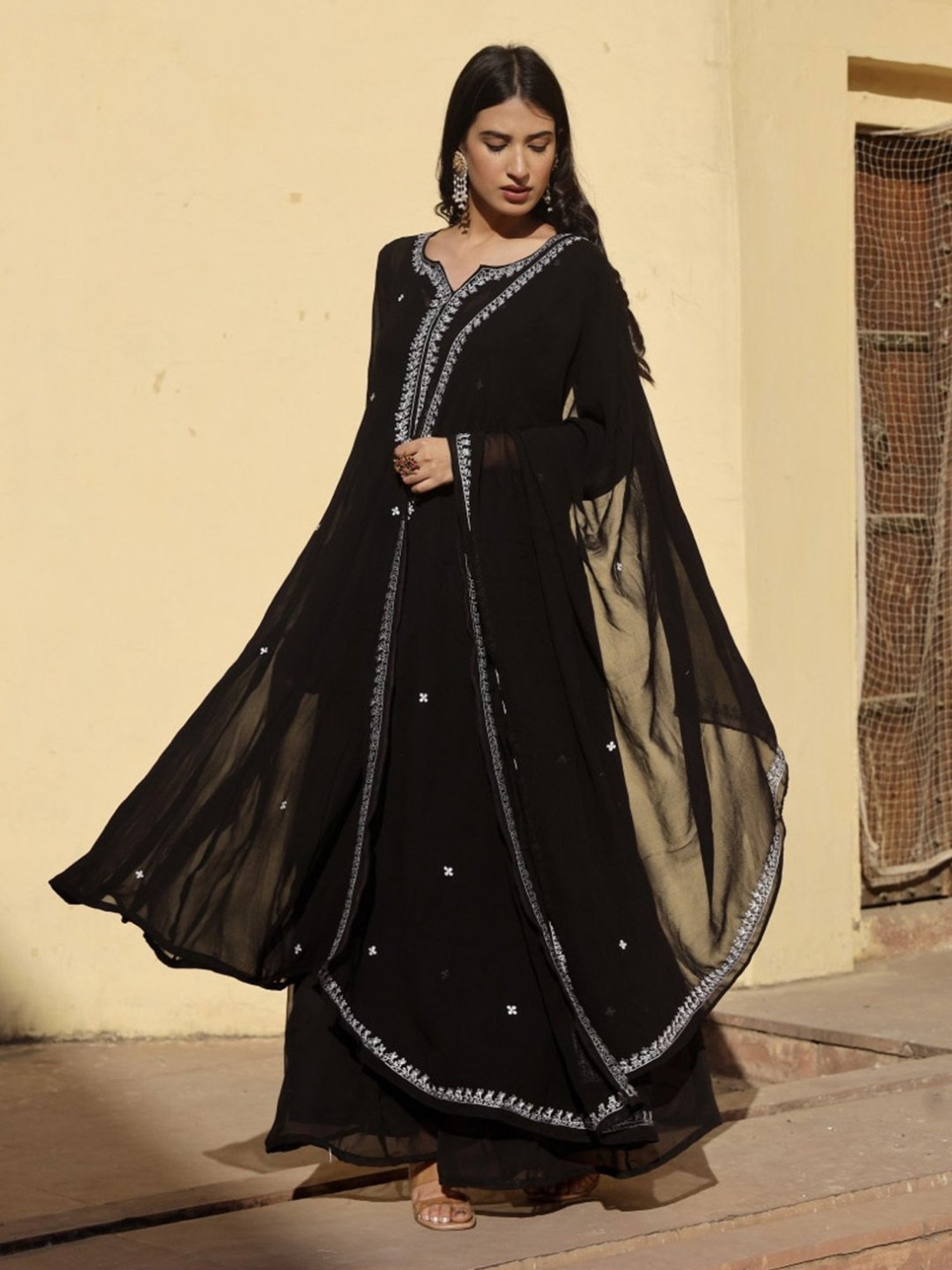 Asrumo Black Georgette White Dot Anarkali Set