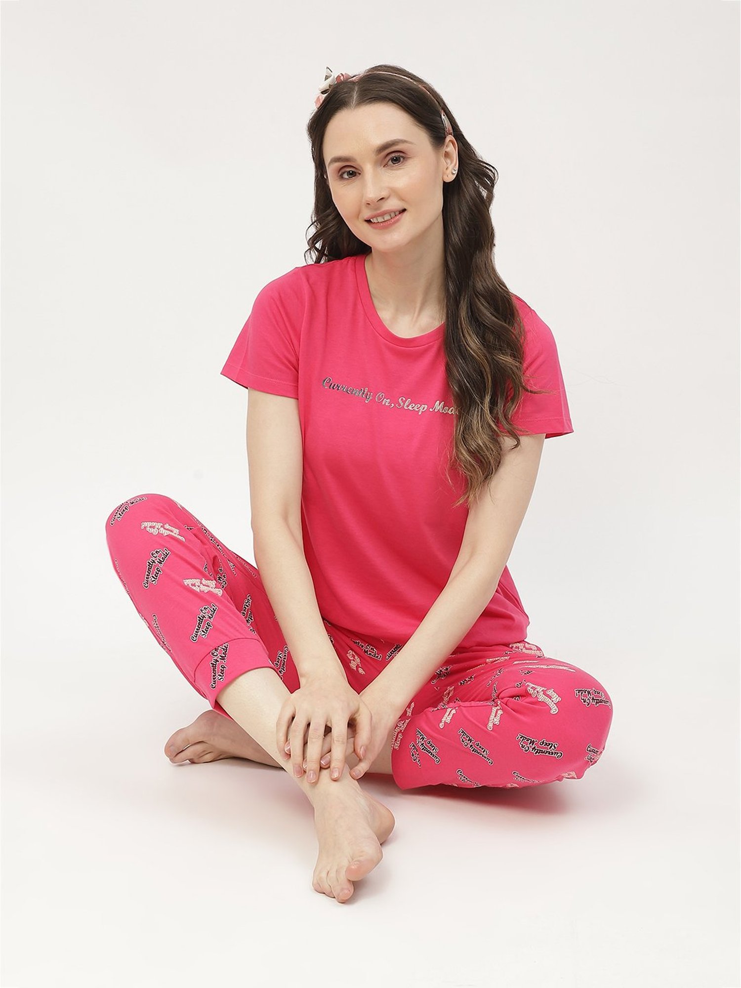 MADAME M Secret Pink Cotton Graphic Print T-Shirt With Pyjamas