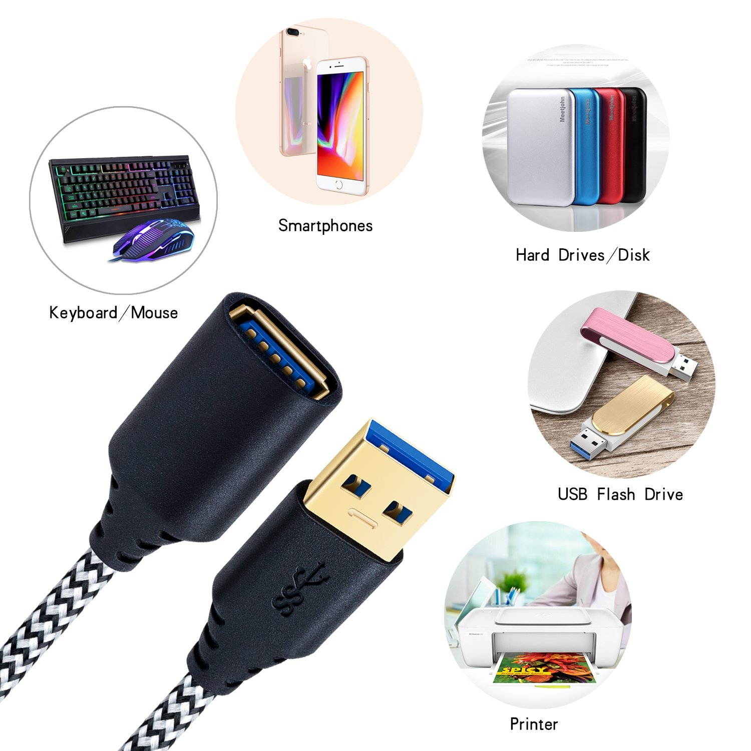 USB 3.0 Extension Cord, Besgoods 2-Pack Braided 6ft USB Extension Cable - A Male to A Female Extender Cable for Mouse, USB Flash Drive, Keyboard, Printer and more, White