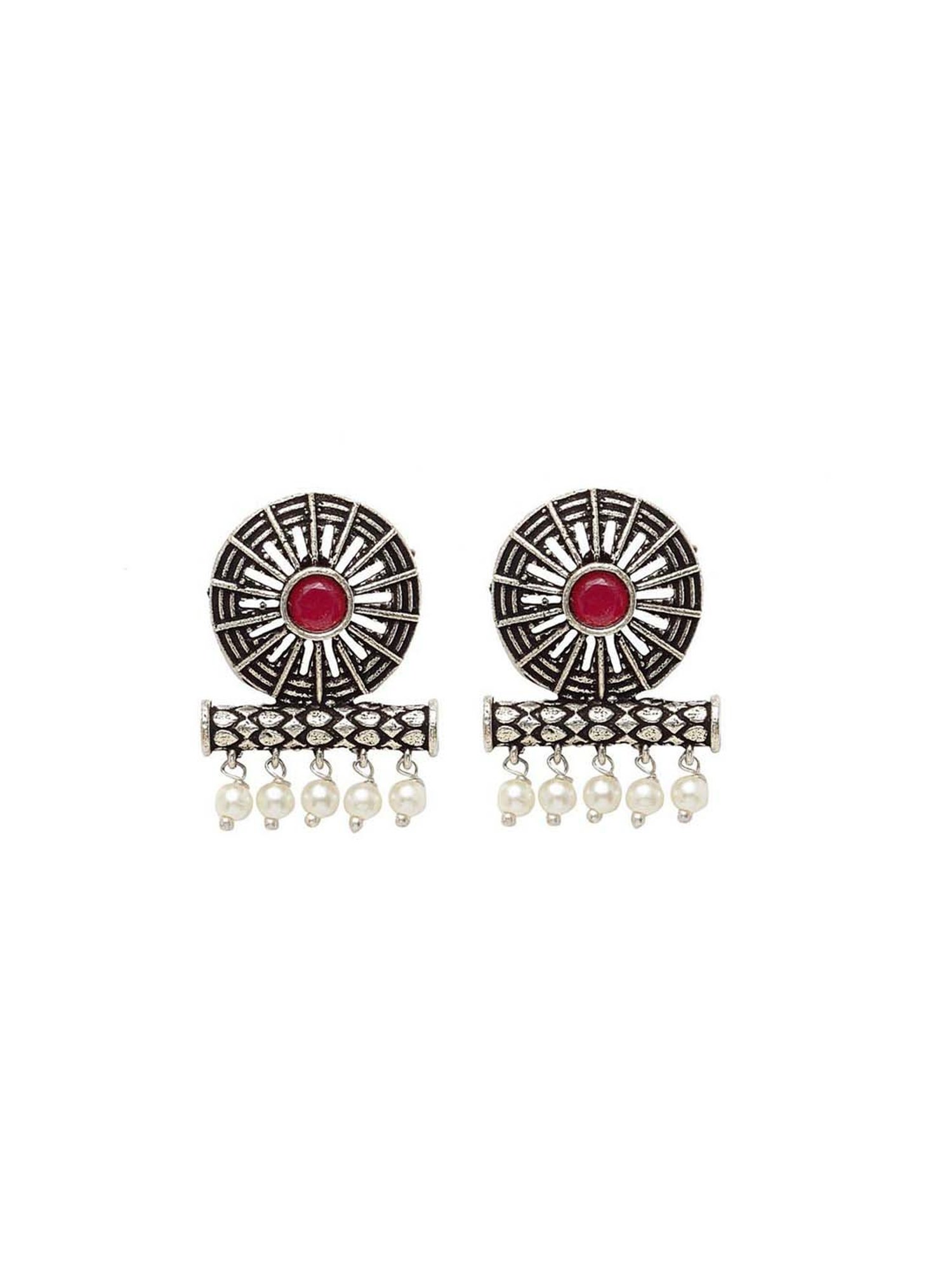 Panash Silver-Plated & Pink Circular Oxidised Stud Earrings