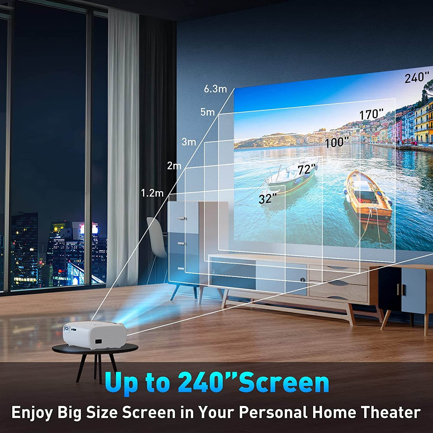 Vilinice BL-43 6000L Outdoor Movie Projector with 100 Inch Screen, 1080P and 240" Display Supported, Portable Video Projector Compatible with TV Stick, PS4, HDMI, USB, VGA