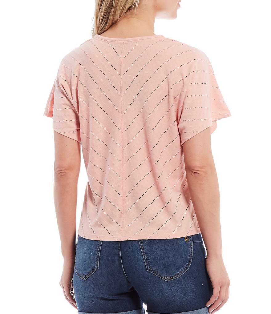 Democracy Mitered Stripe V-Neck Kimono Sleeve Tie Front Hem Knit Top