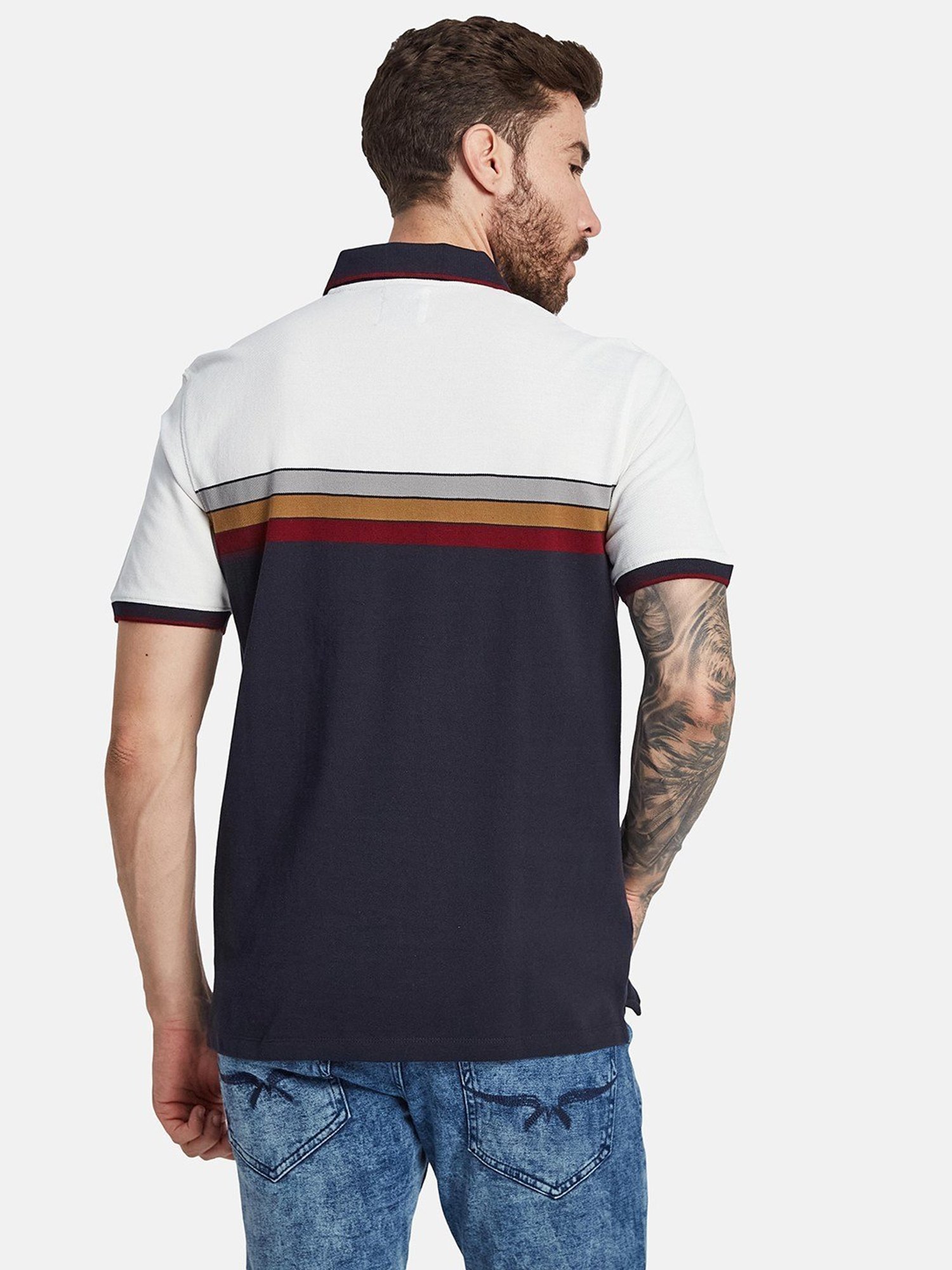 Octave Light Navy Cotton Regular Fit Colour Block Polo T-Shirt