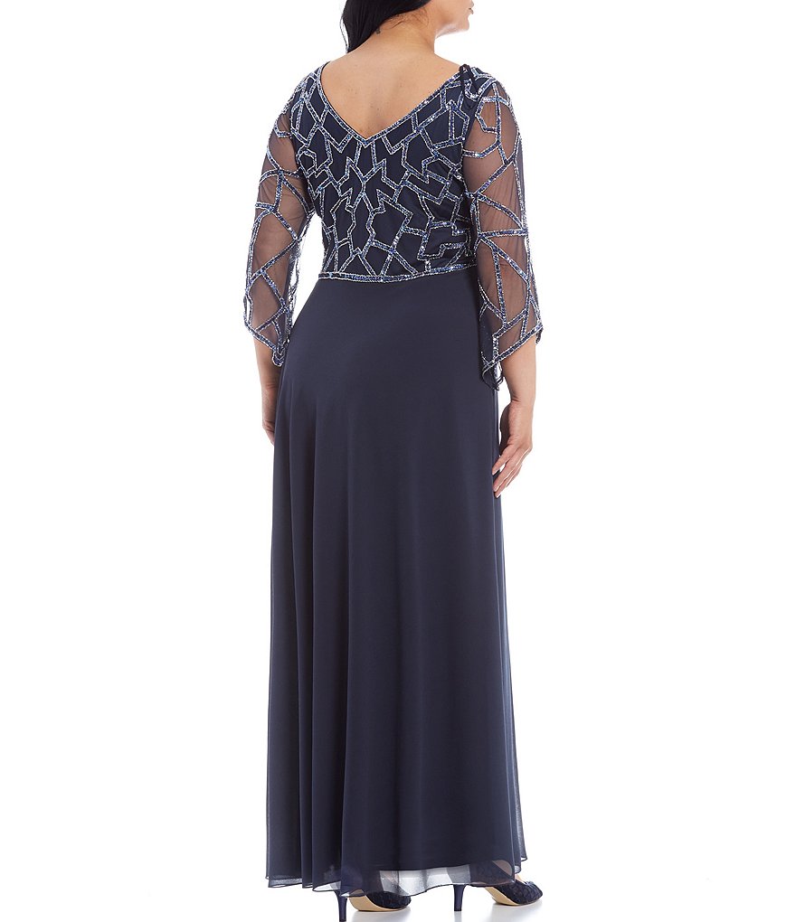 Jkara Plus Size 3/4 Sleeve V-Neck Beaded Gown