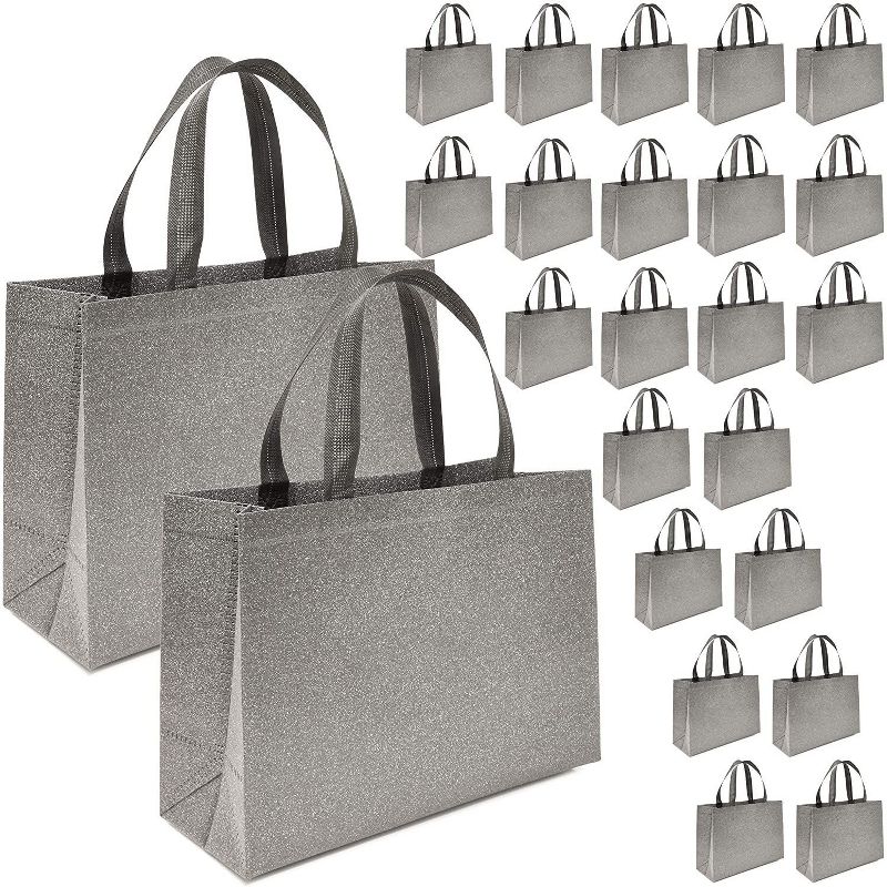 Juvale 12 Pack Reusable Glitter Grocery Tote Bags with Handles Durable & Heavy Duty Shopping Totes, 15" x 12.5" Grey