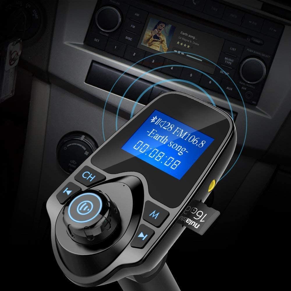 Bluetooth Car FM Transmitter Audio Adapter Receiver Wireless Handsfree Voltmeter Car Kit TF Card AUX USB 1.44 Display - KM19 Black