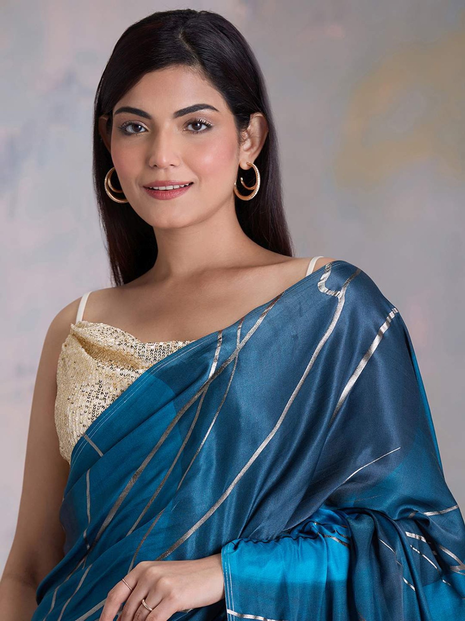navyasa by liva Blue Printed Saree With Unstitched Blouse