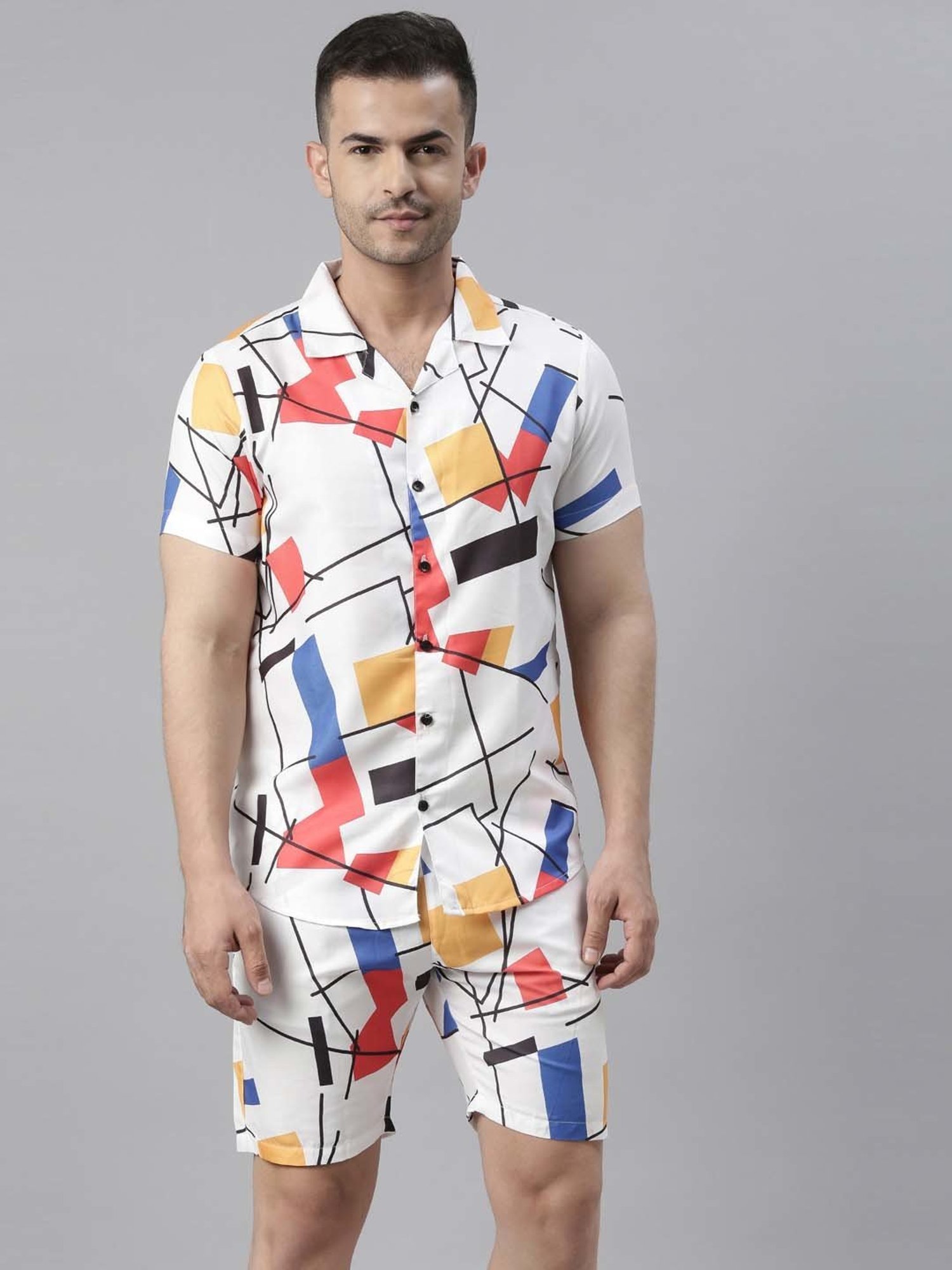 Bushirt White Regular Fit Printed Shirt With Shorts Set