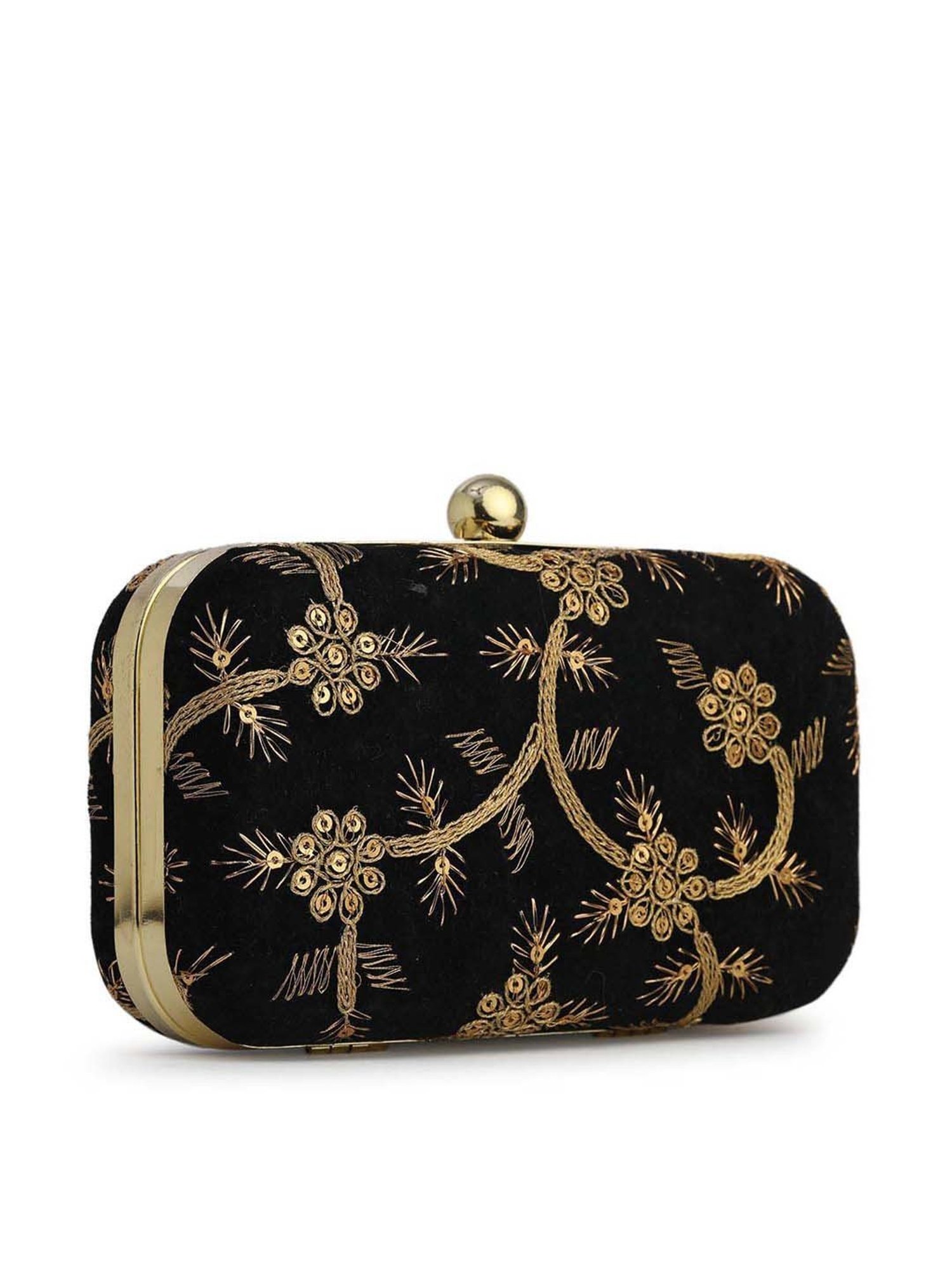 Gaurapakhi Black Embroidered Minaudiere Clutch