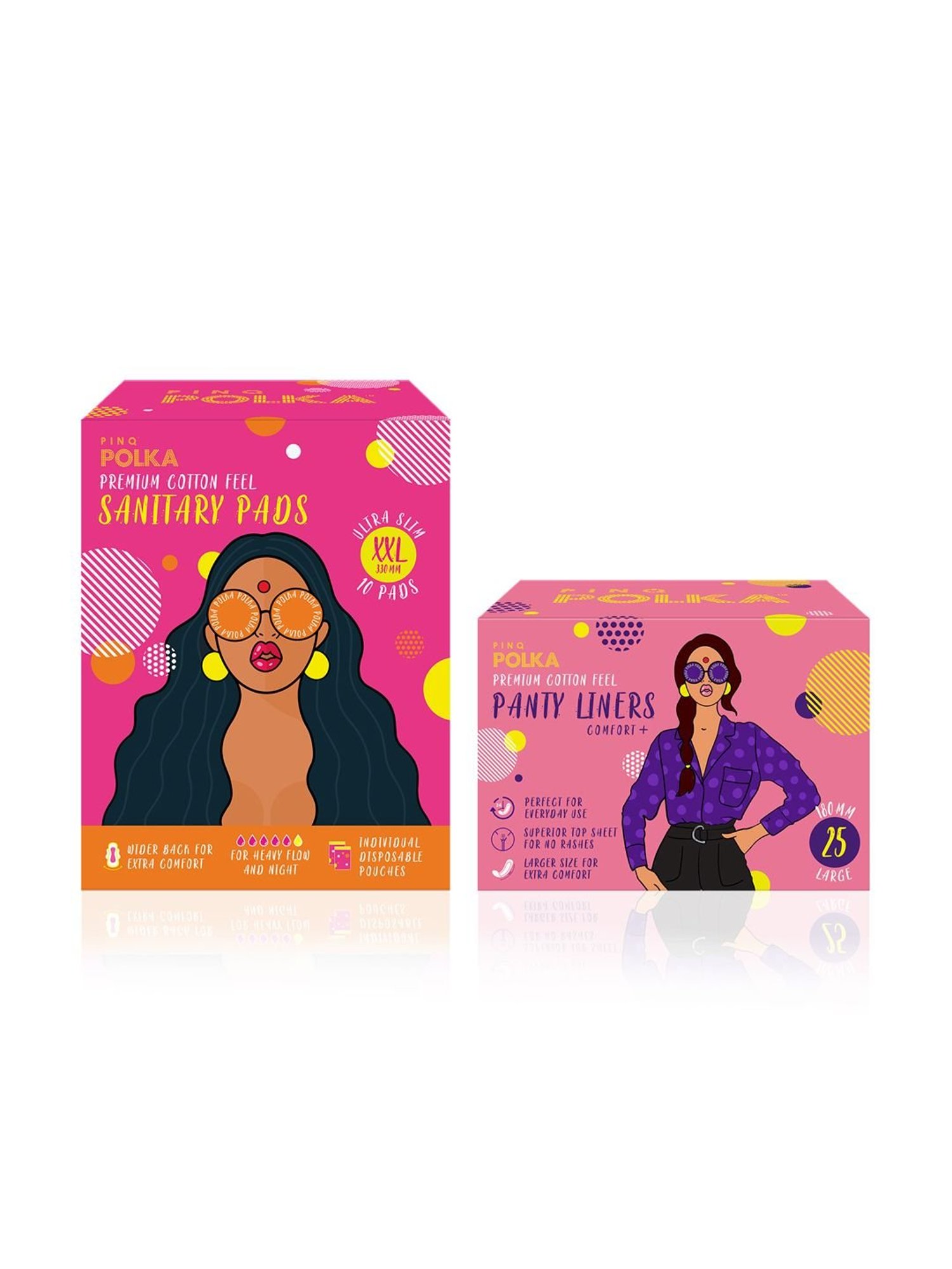 PINQ Polka Cotton Feel Ultra 25 Pantyliners (Large), 10 XXL Ultra Sanitary Pads Combo, Pack of 35