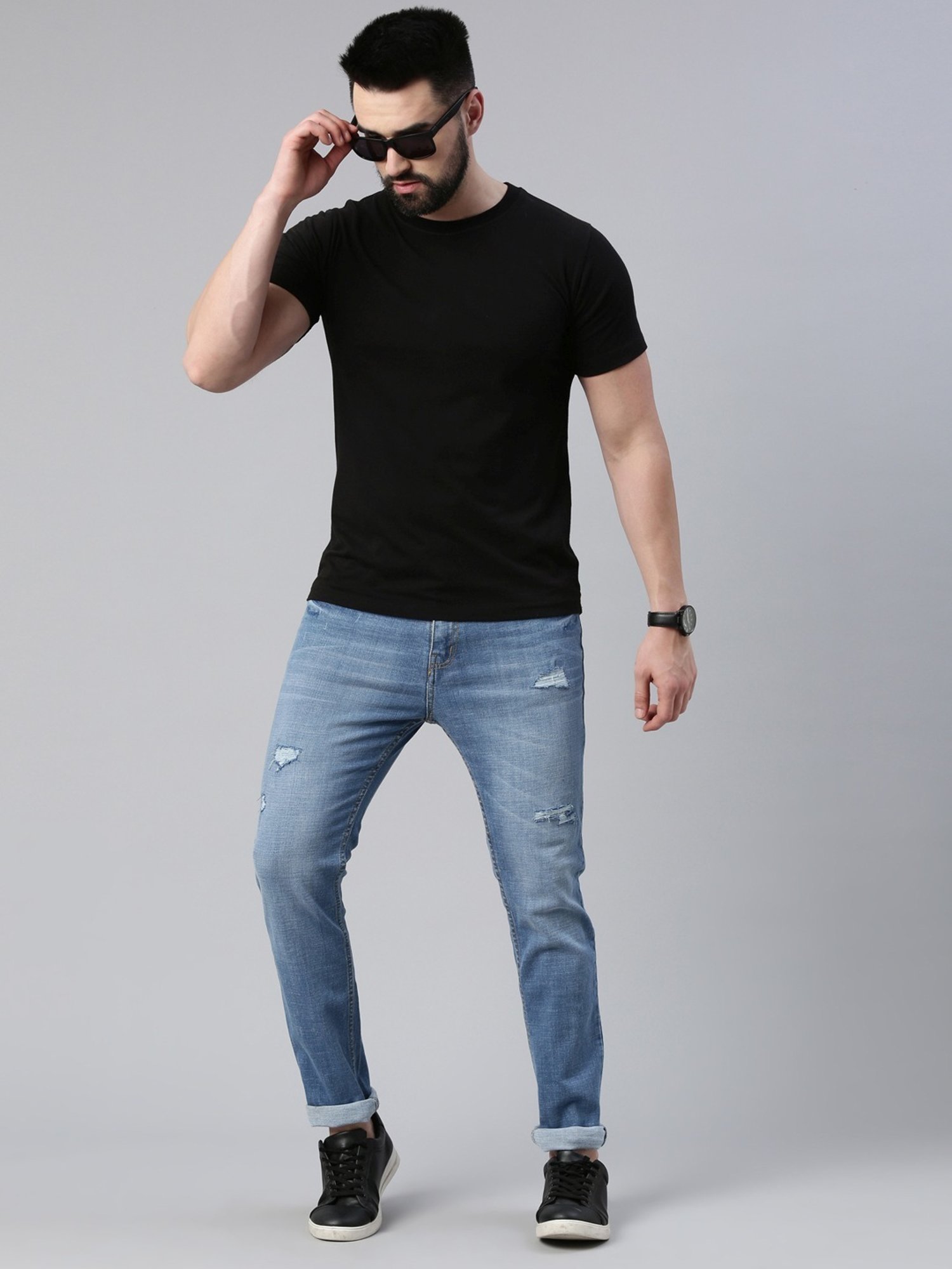 CINOCCI Baby Blue Cotton Slim Fit Distressed Jeans