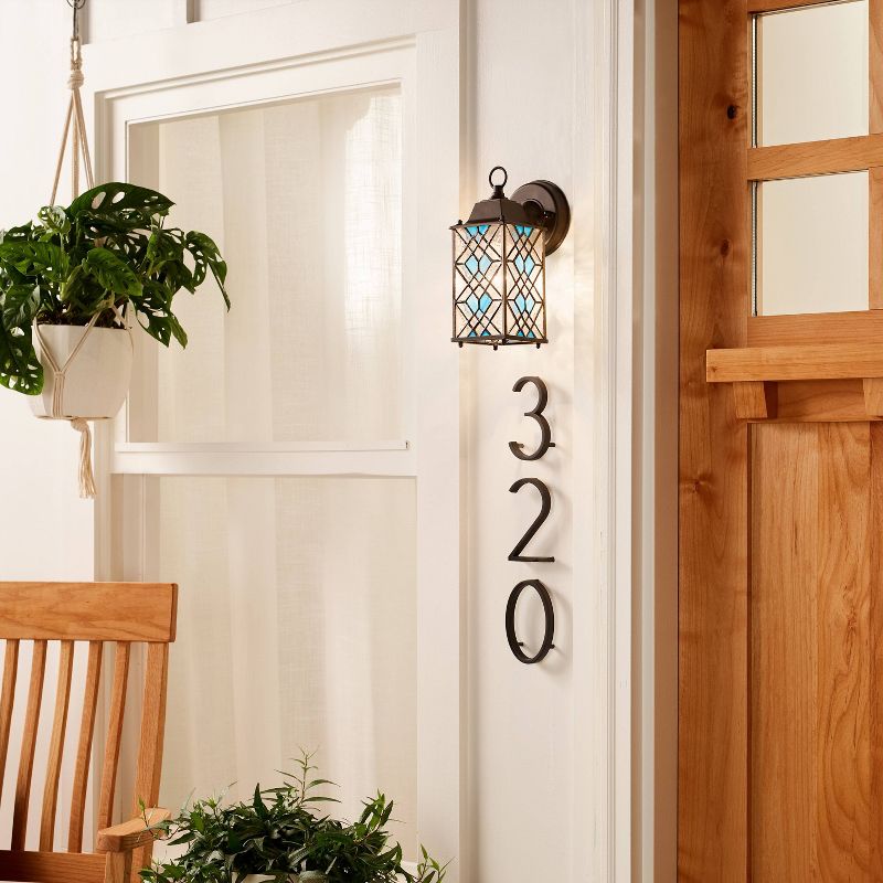 10.25" 1-Light Traditional Satin Outdoor Stained Glass Lantern Wall Sconce Black - River of Goods