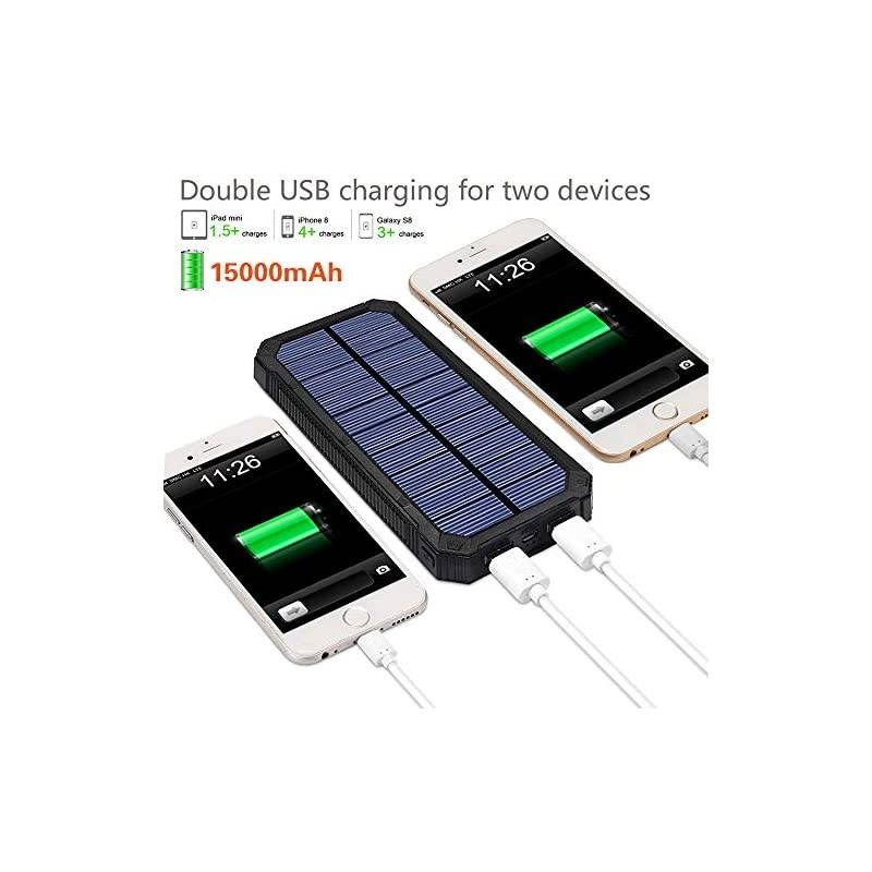 Solar Charger,  15000mAh Portable Solar Power Bank with Dual USB Output Ports, Solar Phone Charger External Battery Pack with 6 LED Flashlight Light for iPhone, iPad, Android and More (Black)