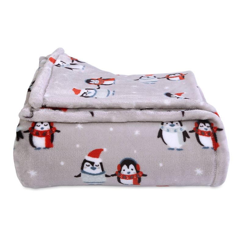 60"x80" Snowy Penguins Plush Throw Blanket Gray - Better Living