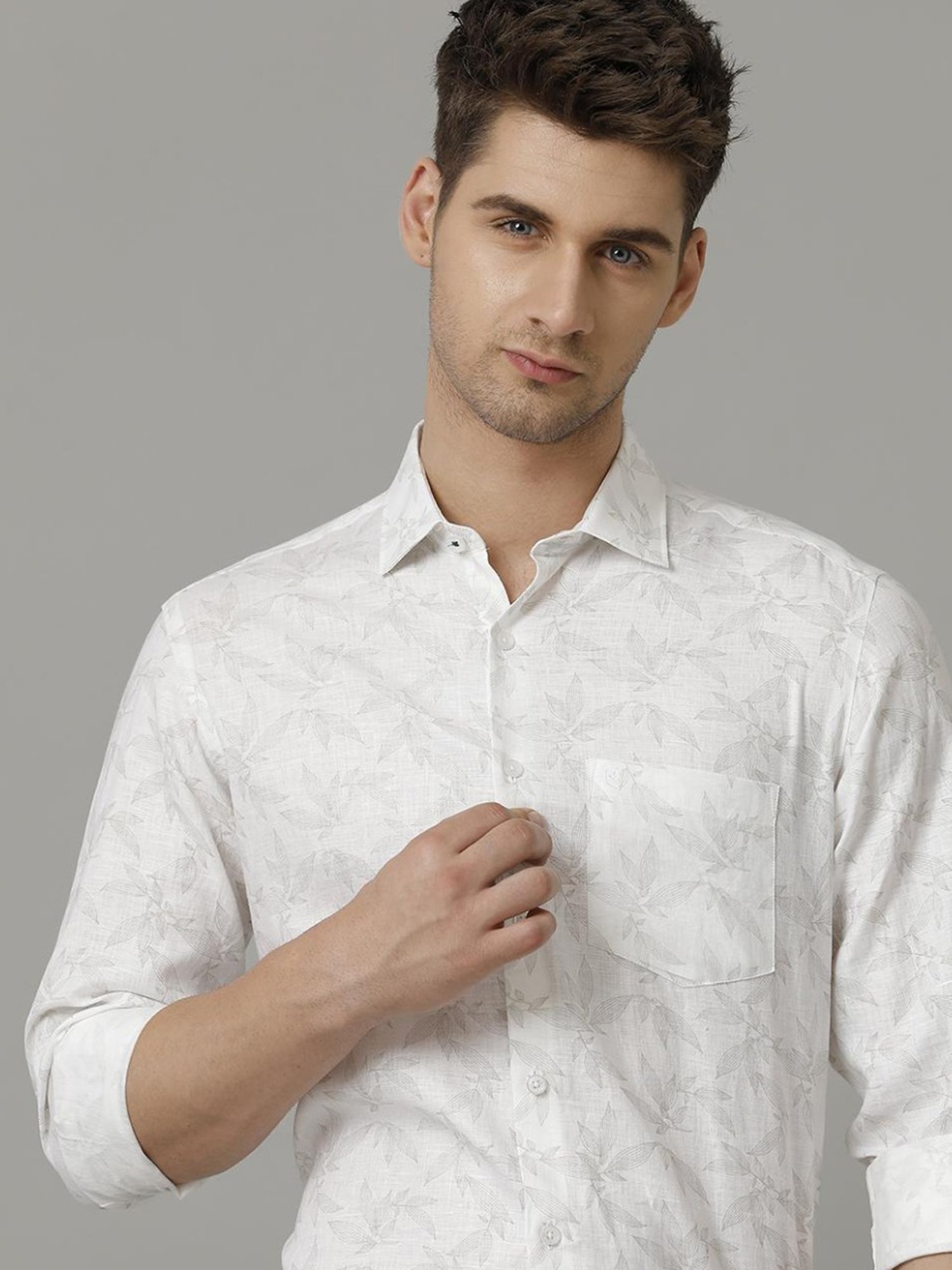 Linen Club White Linen Contemporary Fit Printed Shirt