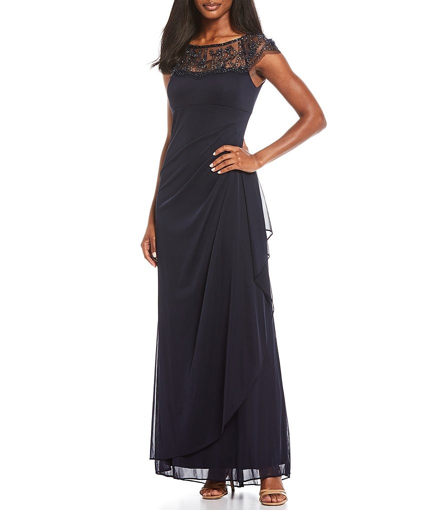 Xscape Illusion Lace Neckline Side Ruched Mesh Gown