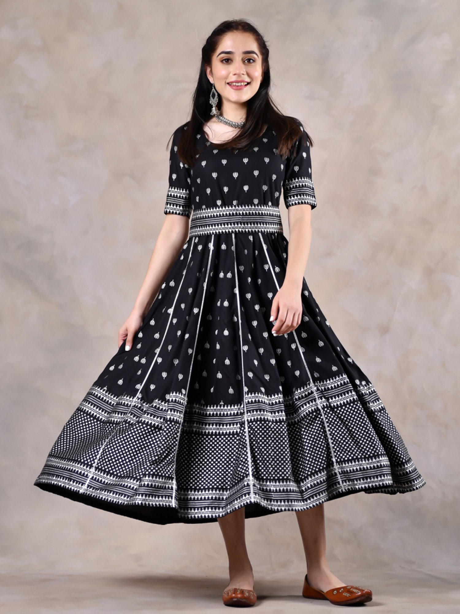 Rustorange Black Printed A-Line Dress
