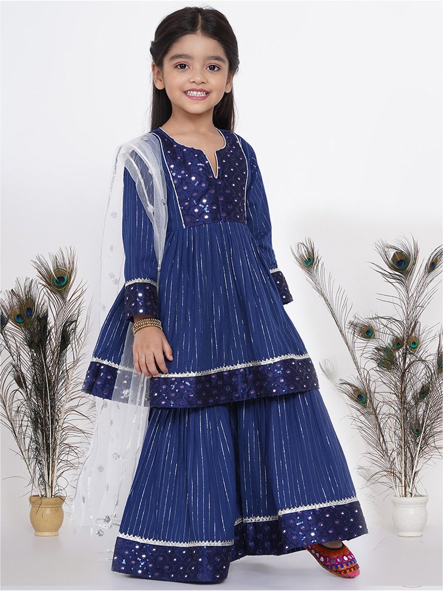 Little Bansi Kids Blue & white Cotton Sequence Full Sleeves Kurta Set
