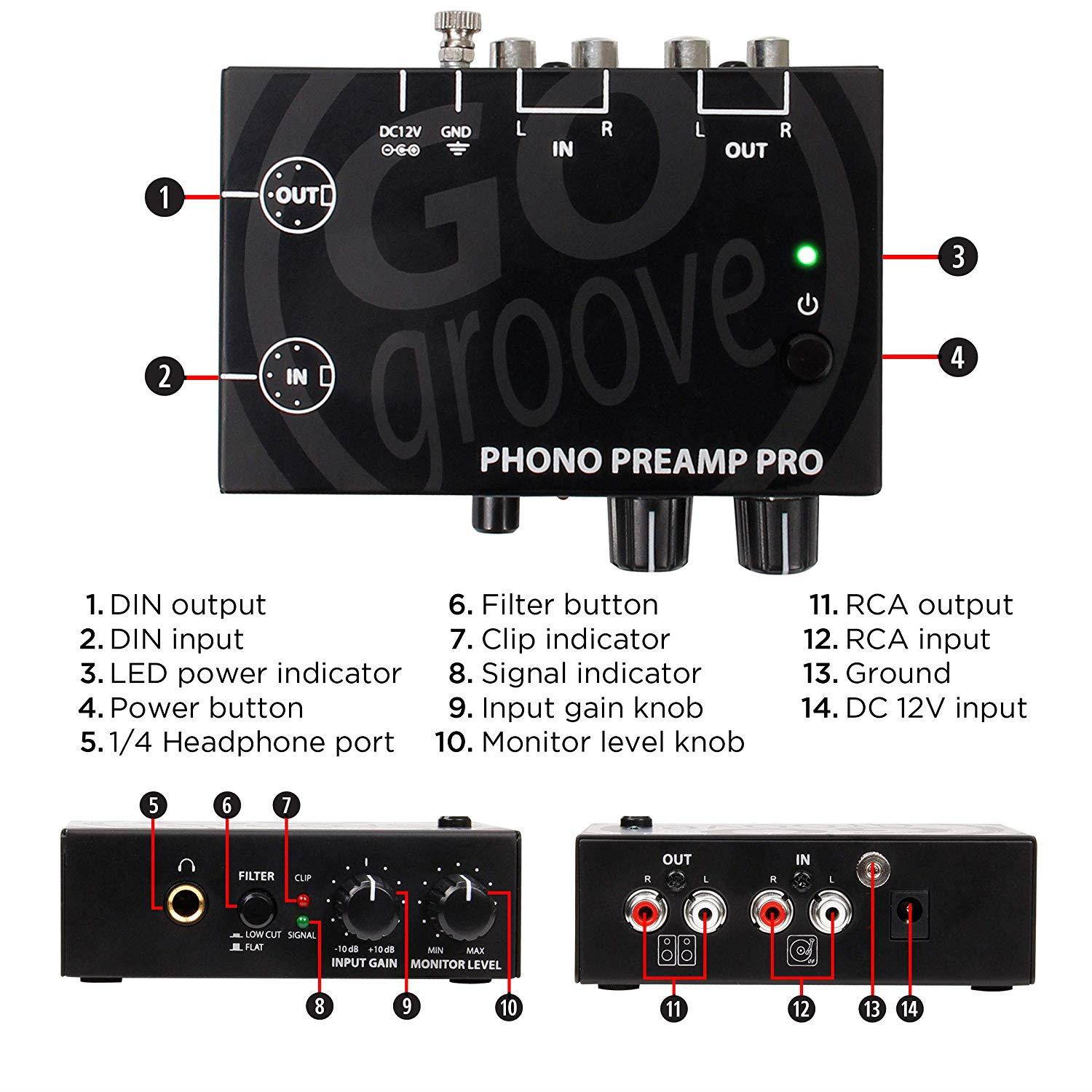 GOgroove Phono Preamp Pro Preamplifier with RCA Input/Output, DIN Connection, RIAA Equalization, 12V AC Adapter - Compatible with Vinyl Record Players, Turntables, Stereos, Mixers