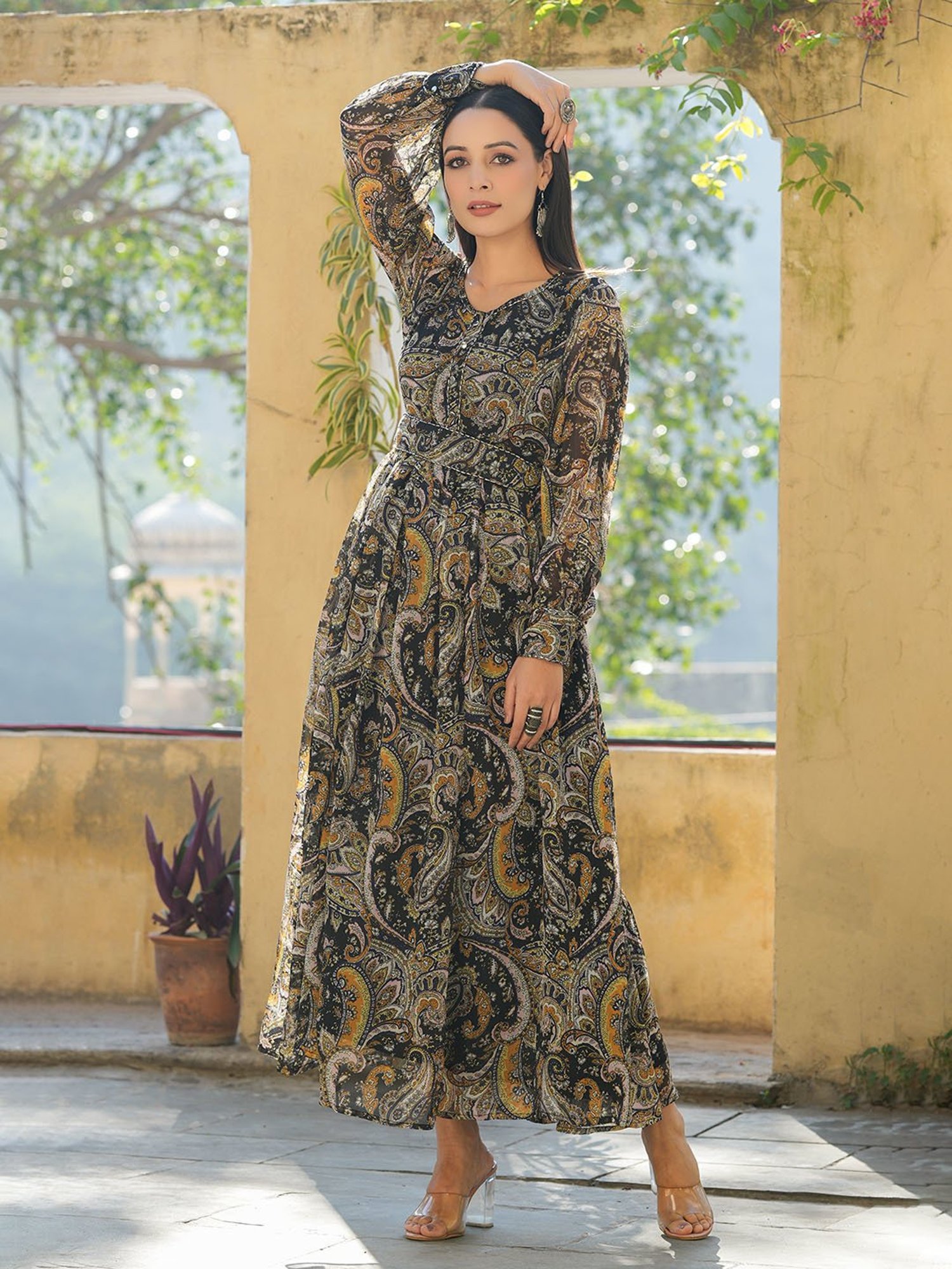 Juniper Black Paisley Printed Chiffon Flared Maxi Dress With Buttons