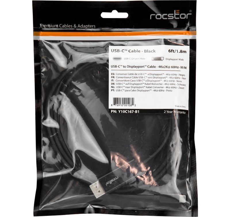 Rocstor Y10C167-B1 Premium 6ft USB-C to DisplayPort Cable M/M- USB Type-C to DisplayPort Converter Cable