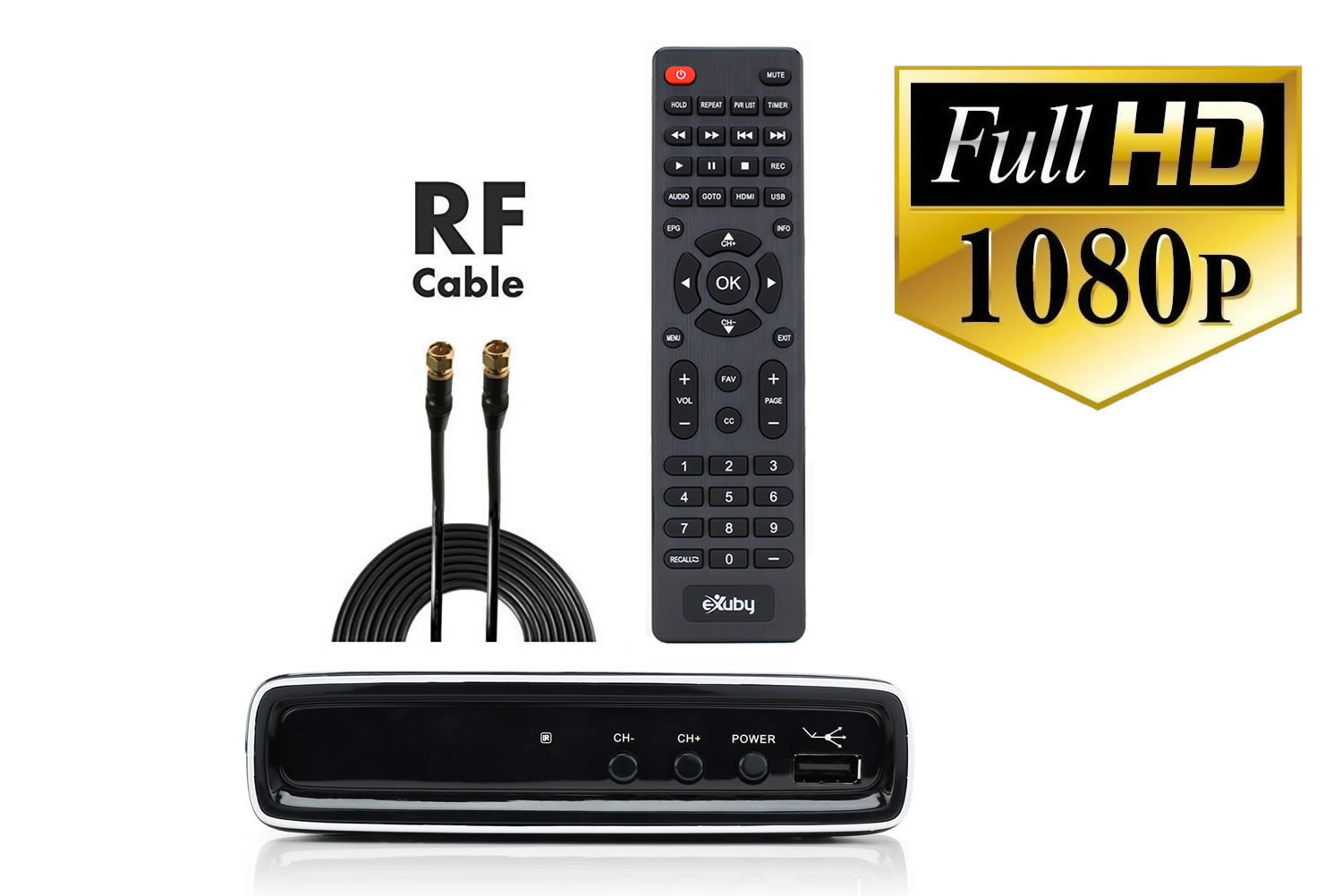 eXuby Digital Converter Box for TV + RF Cable for Watching & Recording Full HD Digital Channels for FREE - Instant & Scheduled Recording, 1080P, HDMI Output, 7 Day Program Guide & LCD Screen