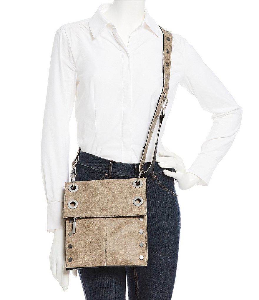 Hammitt Montana Suede Brushed Studded Leather Medium Fold Zip Crossbody Bag