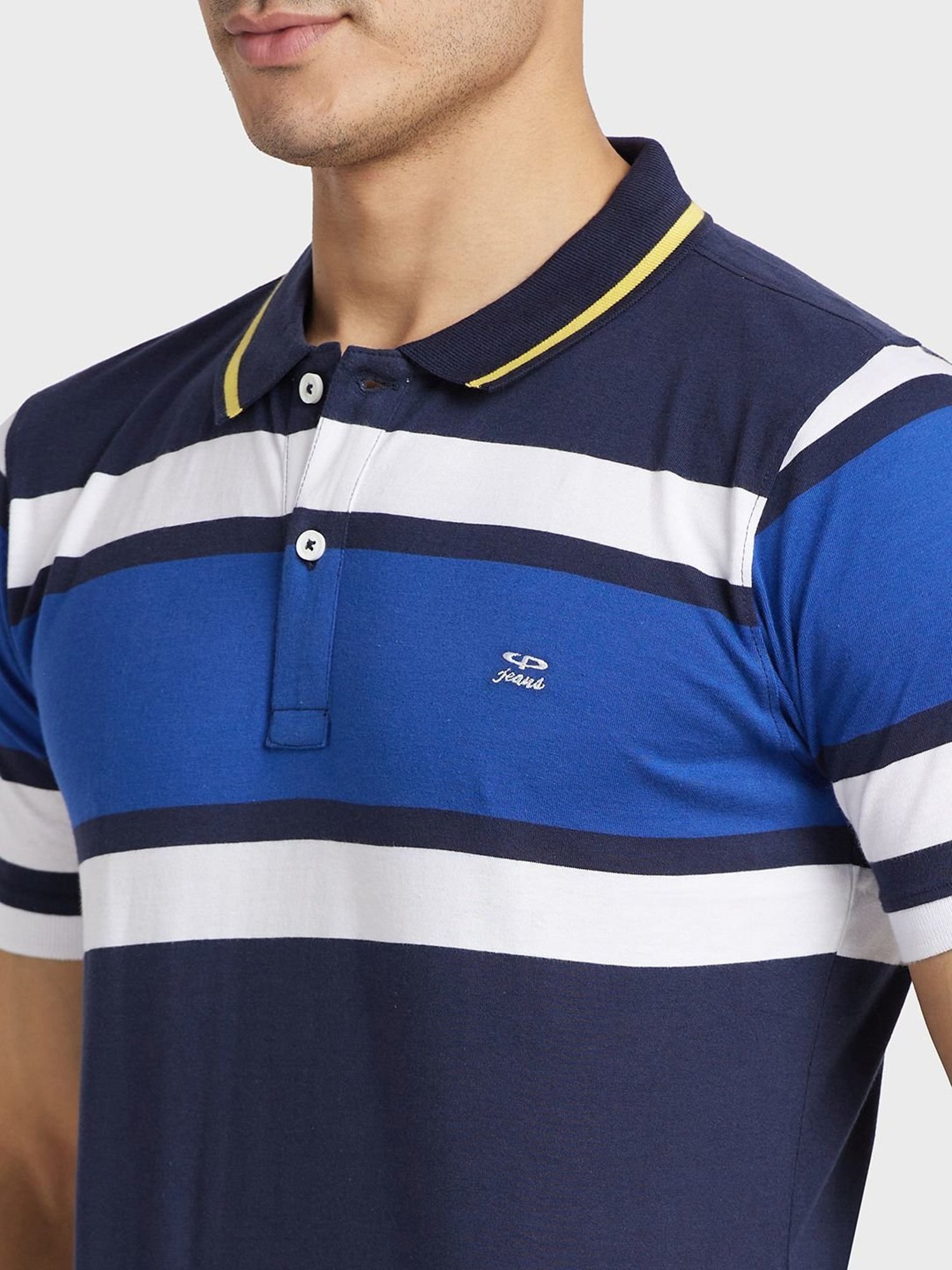 Colorplus Blue Cotton Tailored Fit Striped Polo T-Shirt