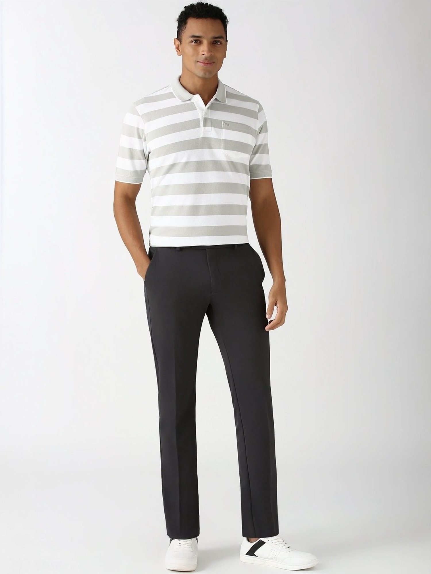 Peter England Grey Regular Fit Striped Polo T-Shirt