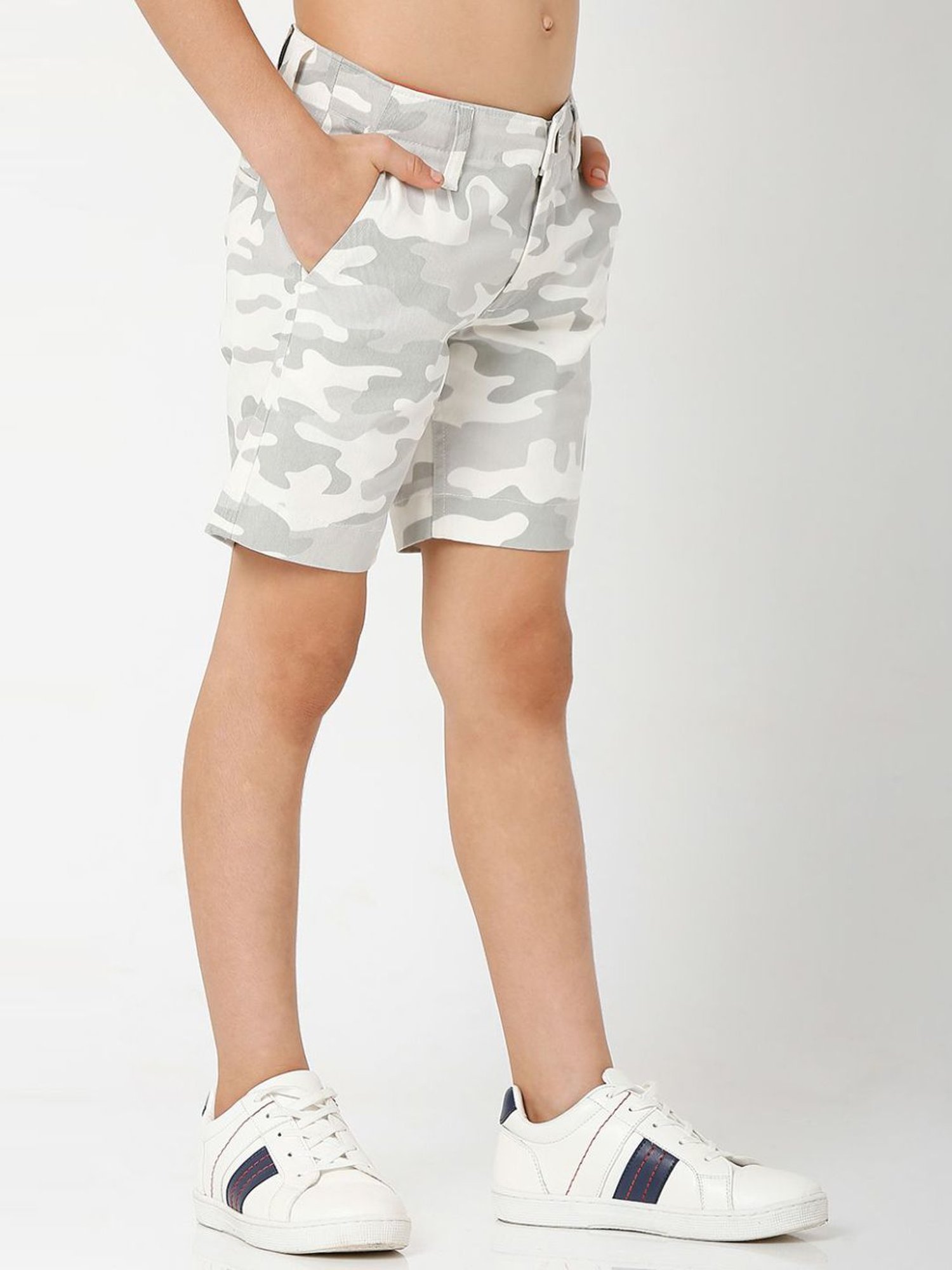 Gas Kids White & Grey Cotton Camouflage Shorts