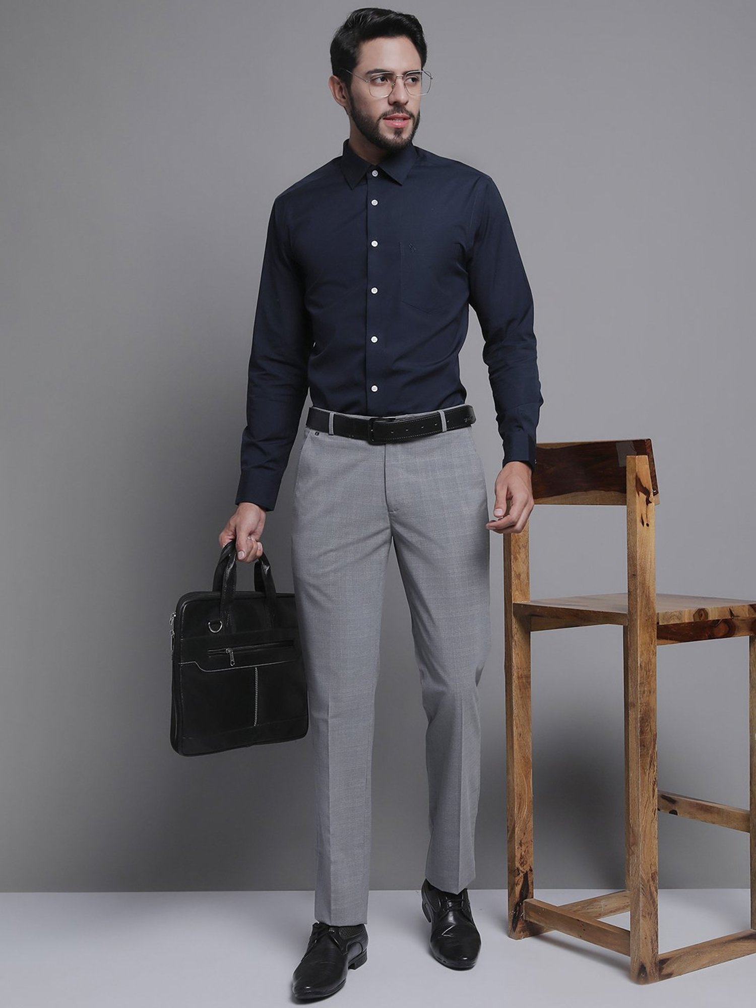 Cantabil Grey Regular Fit Check Flat Front Trousers