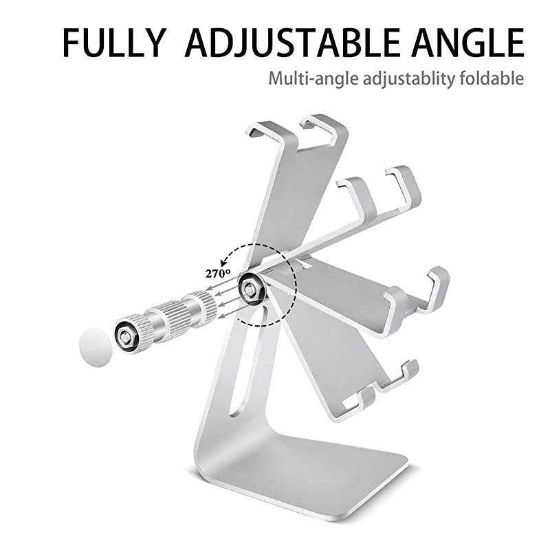 Cell Phone Tablet Stand Adjustable Multi-Angle Aluminum Non-Slip Dock Holder Cradle Charger Station Mount Foldable Portable Desktop Organizer Table Kitchen Room Office School (Silver)