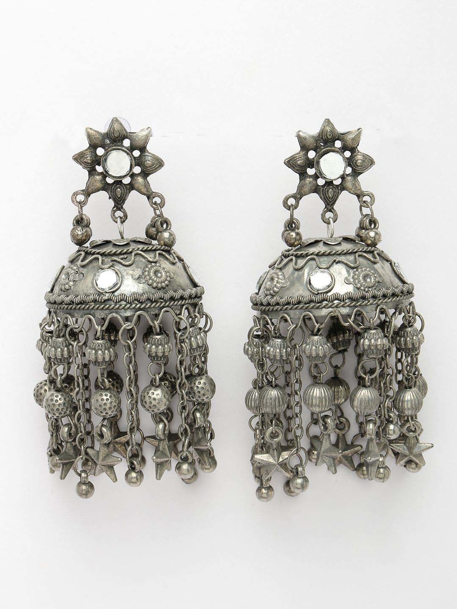 NVR Silver Plated Oxidized Mirror Work Contemporary Jhumki Earrings for Women