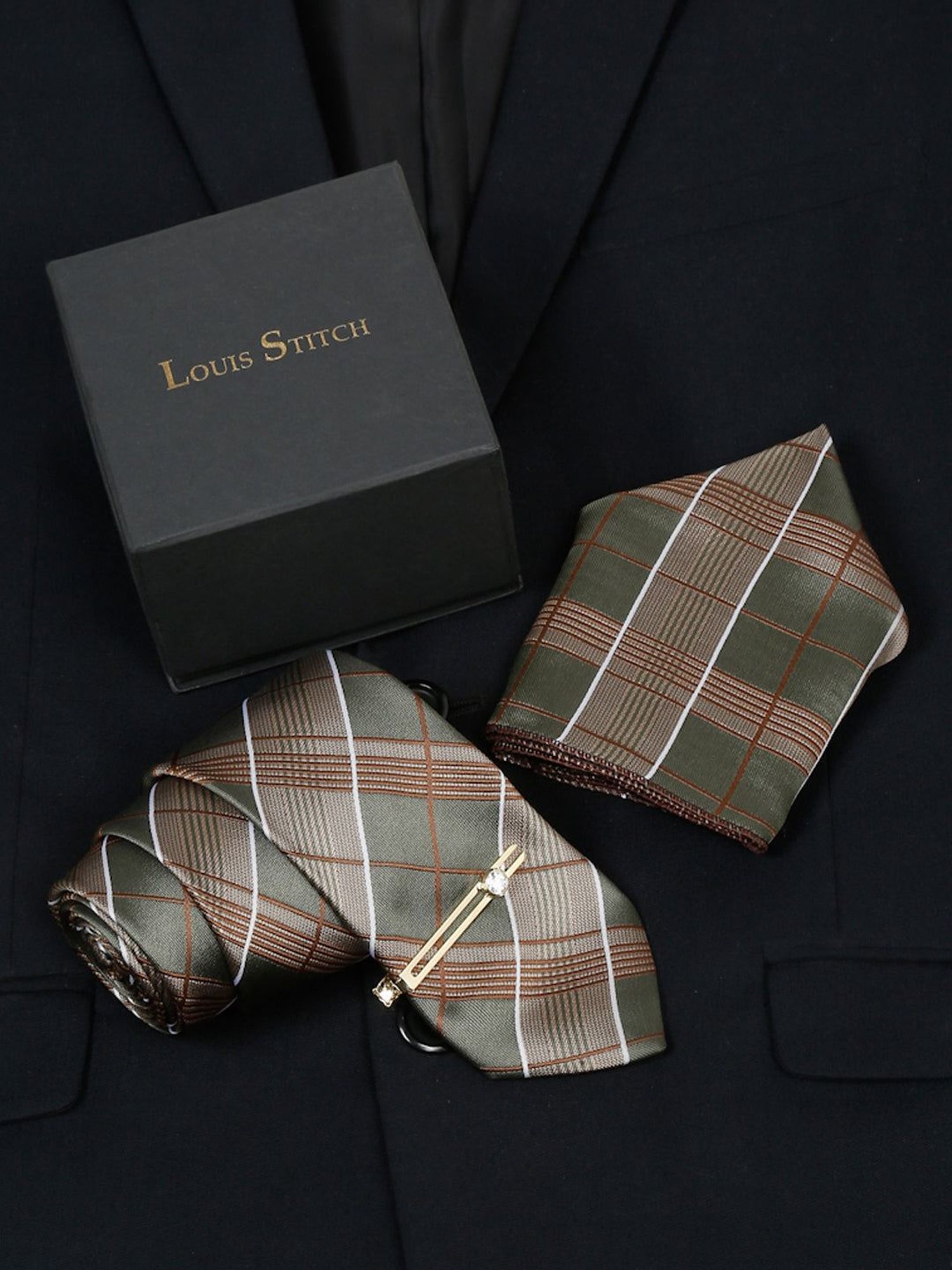 Louis Stitch Green Checks Necktie Gift Set - Set of 3