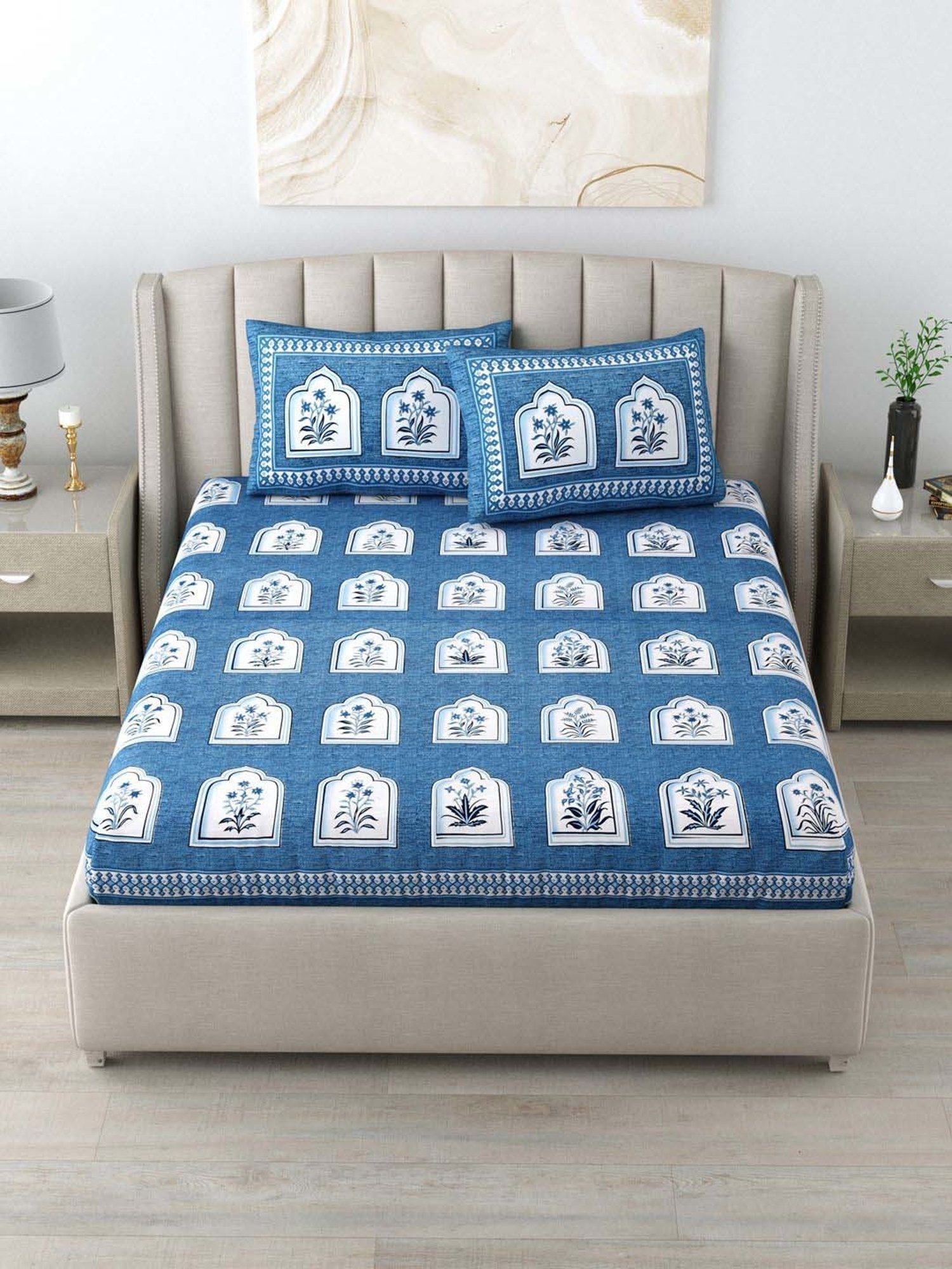 Living Roots Blue Cotton 160 TC King Bedsheet with 2 Pillow Covers