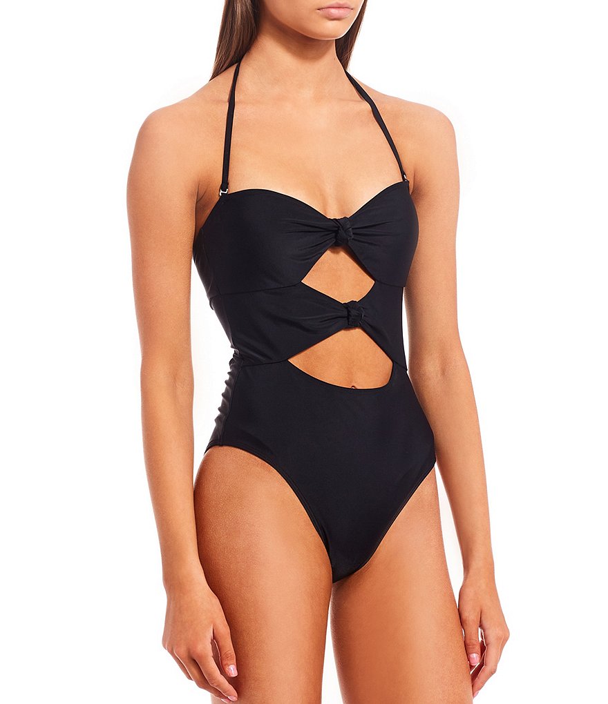 GB Solid Cutout Knotted Bandeau One-Piece Swimsuit