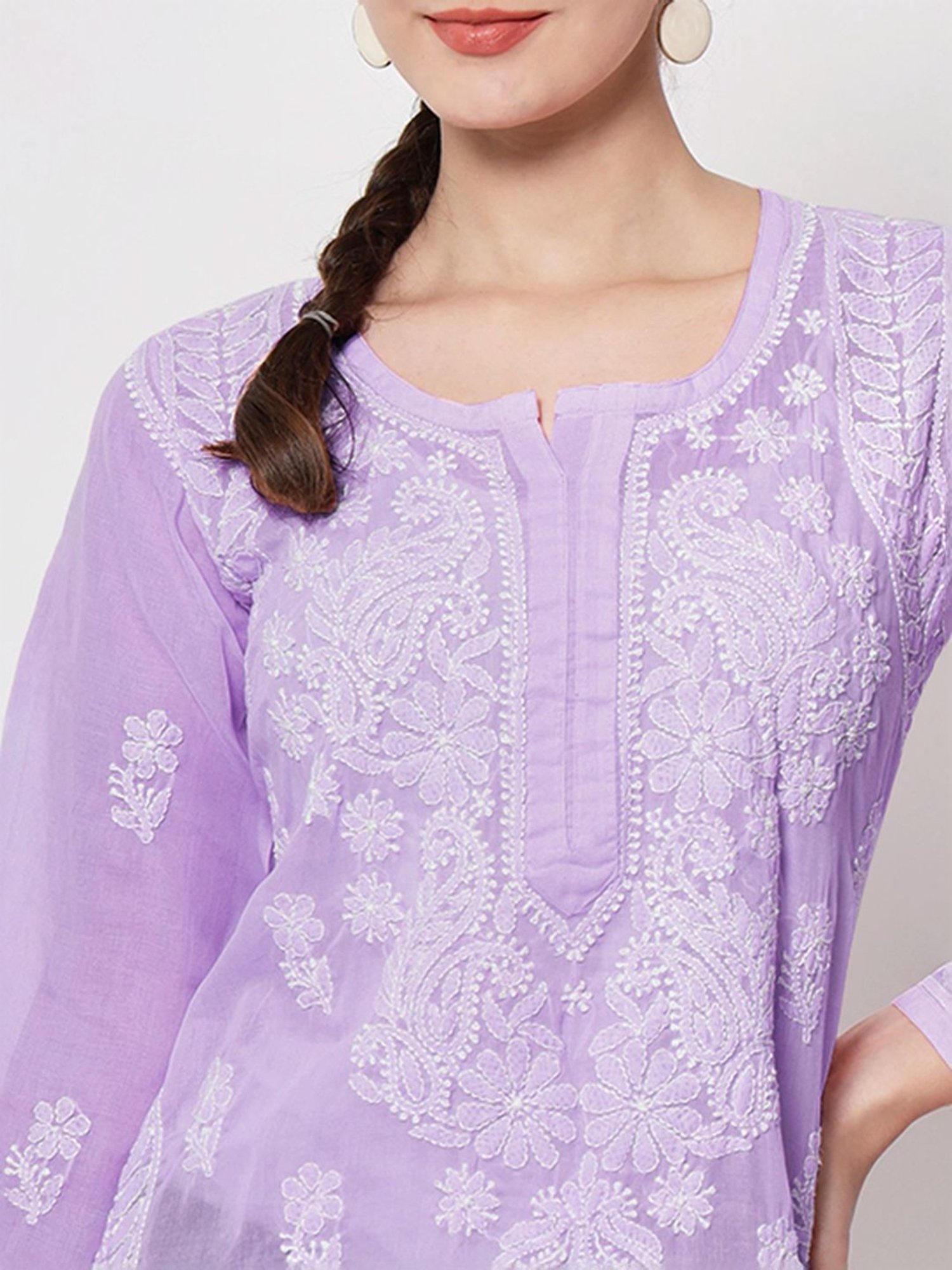PARAMOUNT CHIKAN Violet Cotton Hand Embroidered Chikankari Straight Kurti