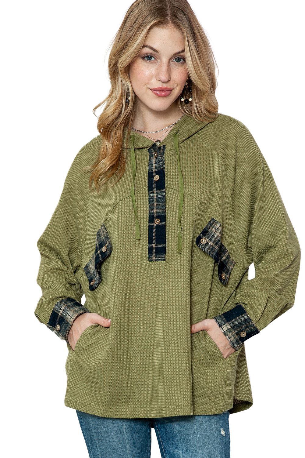 Green Waffle Knit and Flannel Henley Oversized Hoodie