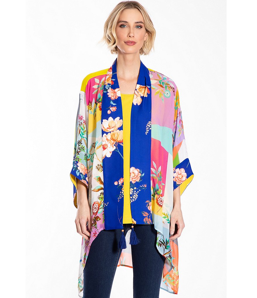 Ali Miles Printed Button Front Floral Wire Neck 3/4 Bell Sleeve Jacket