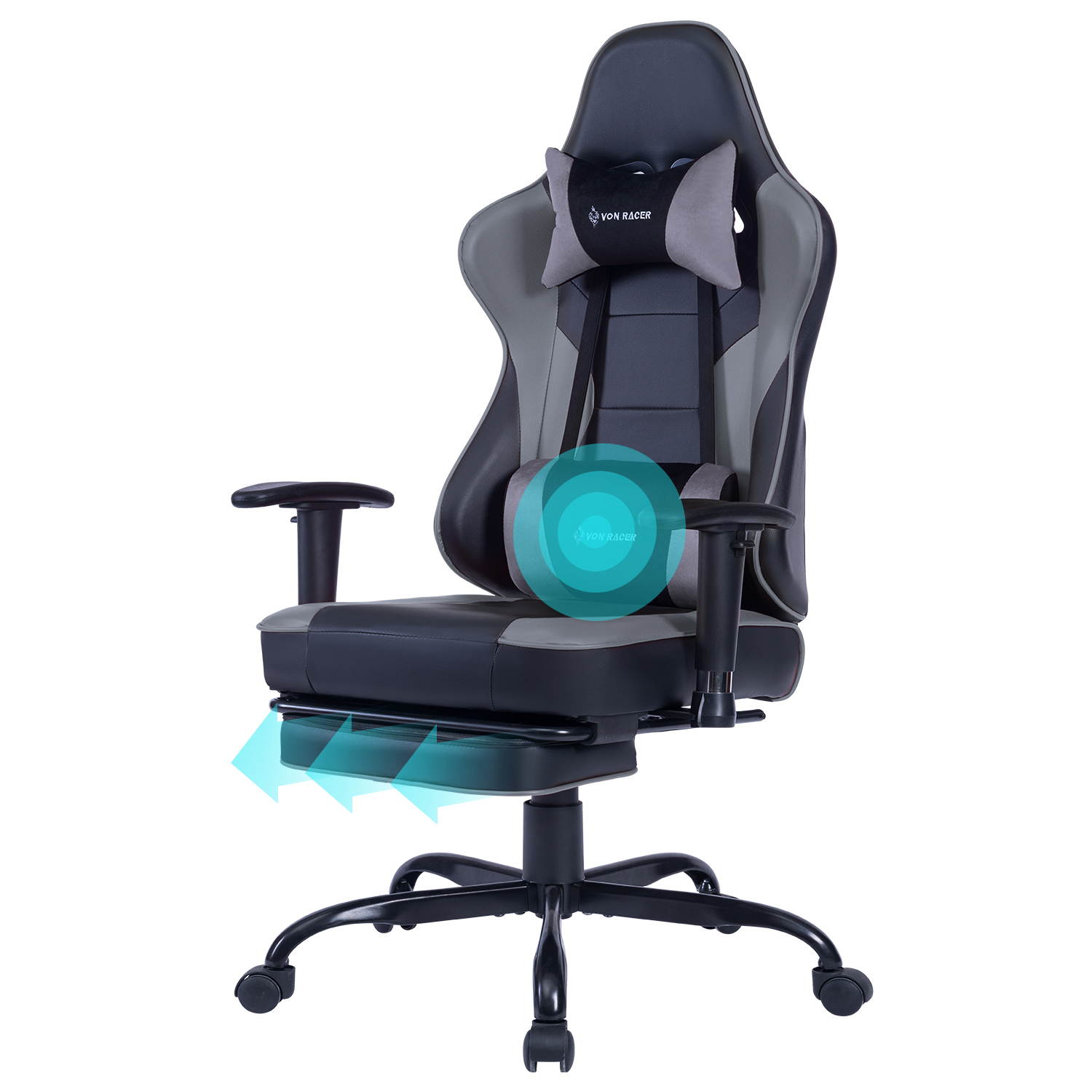 VON RACER Massage Gaming Chair - High Back Racing PC Computer Desk Office Chair Swivel Ergonomic Executive Leather Chair with Footrest and Adjustable Armrests(Grey)