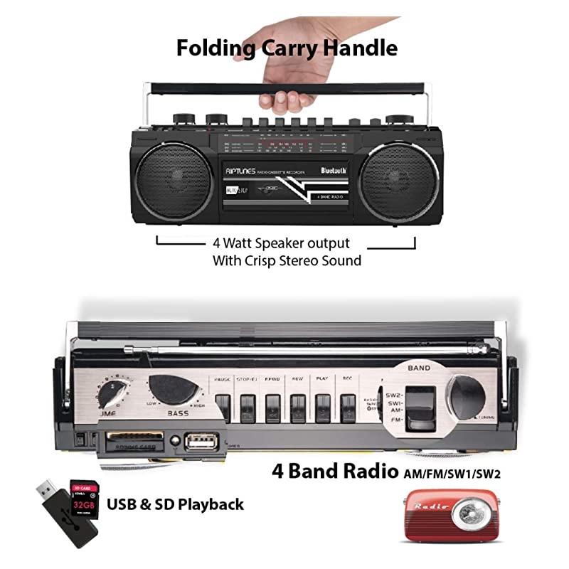 Cassette Boombox, Retro Blueooth Boombox, Cassette Player and Recorder, AM/FM/SW-1-SW2 Radio-4-Band Radio, USB, SD, and Aux in, Black