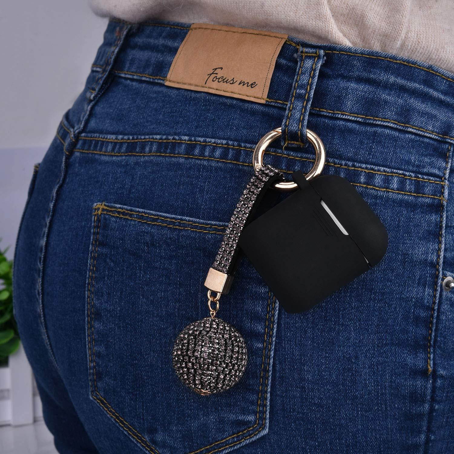 Apple Airpods Case Keychain, Filoto Airpods Silicone Glittery Case, Scratch Proof and Drop Proof Air Pods Protective Cover Skin with Shiny Ball Key Chain (Black)