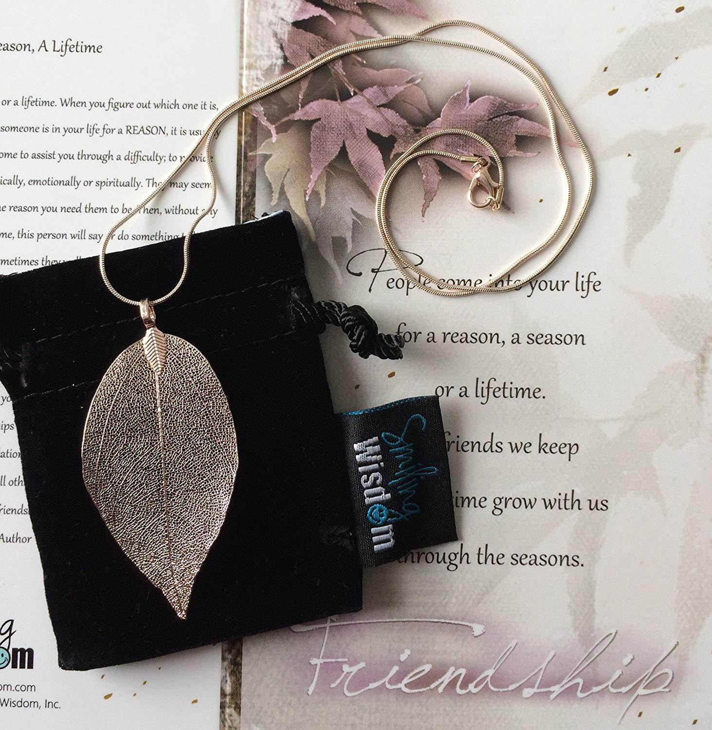 Smiling Wisdom - Rose Gold Real Leaf Friendship Necklace Gift Set - Reason Season Lifetime Friendship Greeting Card - Sweater Leaf Statement Necklace - For Her, Awesome Best Friend - Rose Pink Color