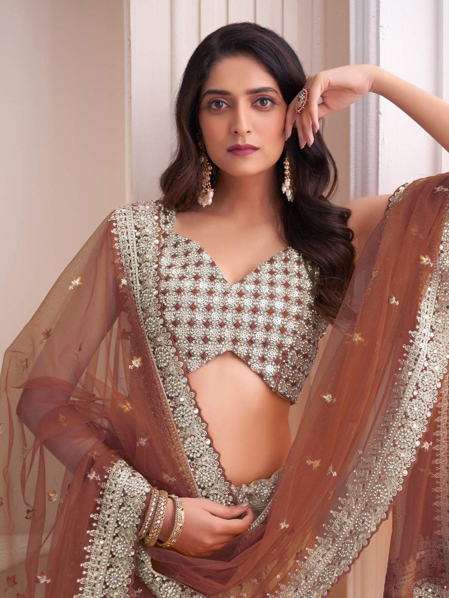 Odette Peach Embellished Semi Stitched Lehenga Blouse Set With Dupatta