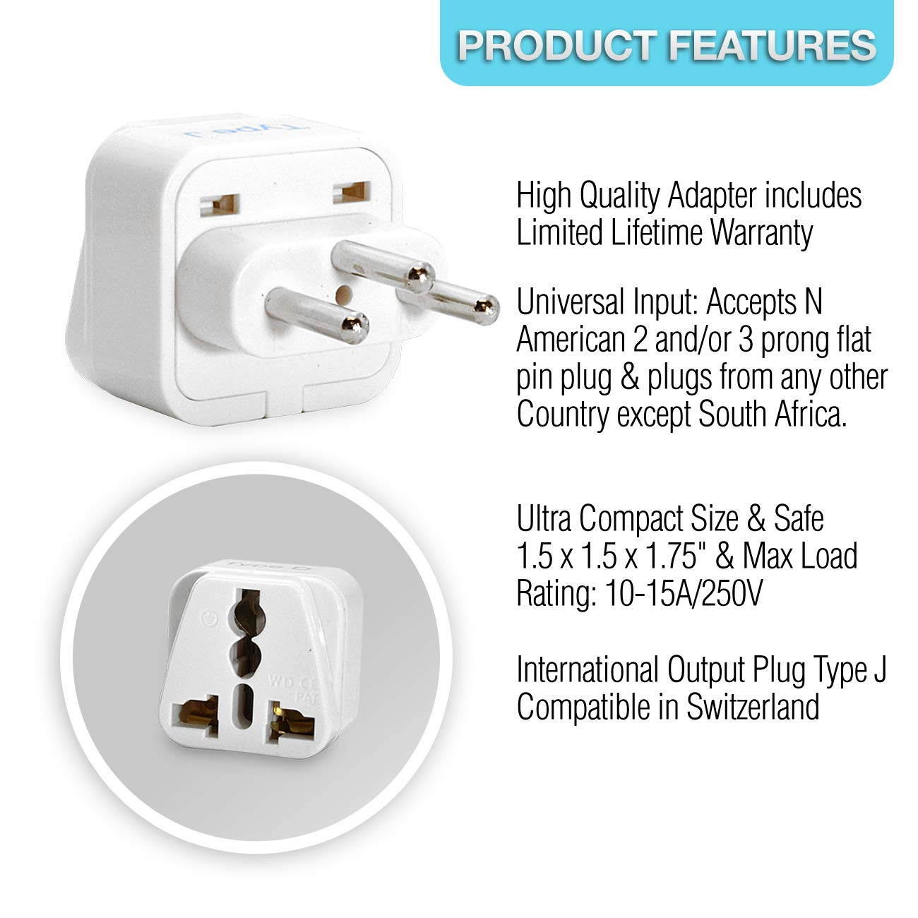 Ceptics Switzerland Travel Plug Adapter (Type J), Universal Socket Plug Accepts Plugs From any Country, Perfect for Cell Phones, Laptops, Chargers and More - 3 Pack (GP-11A)
