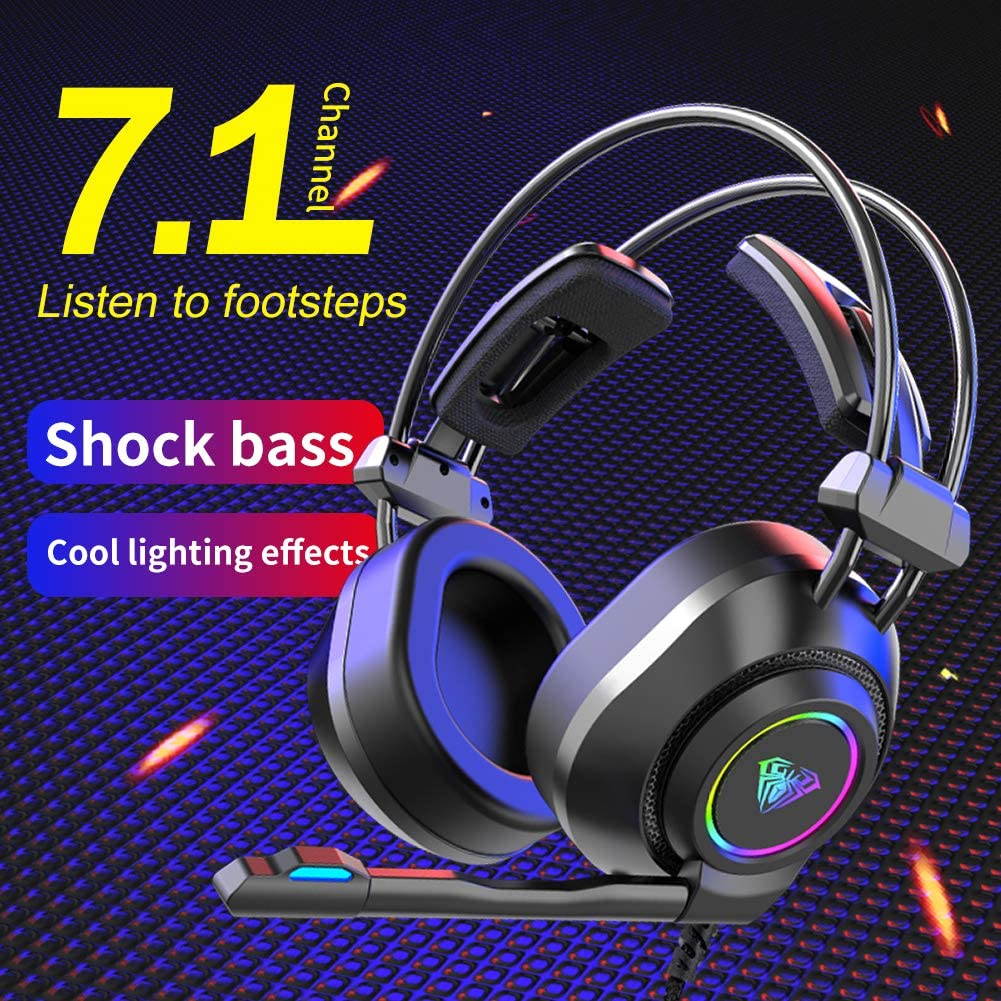 AULA S600 Professional Wired Gaming Headset Lightweight Noise Canceling Over-Ear PC Gaming Headphones with 360 Degree Rotation Omnidirectional Mic for Computer (7.1 USB)