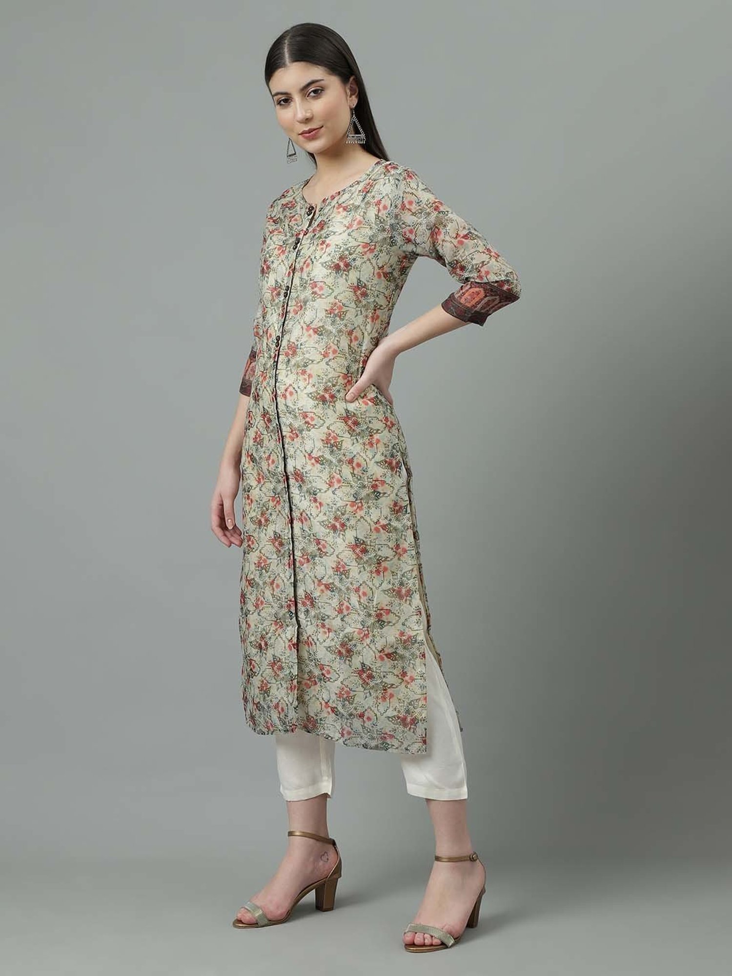 Sringam Beige & White Floral Print Kurta Pant Set With Dupatta