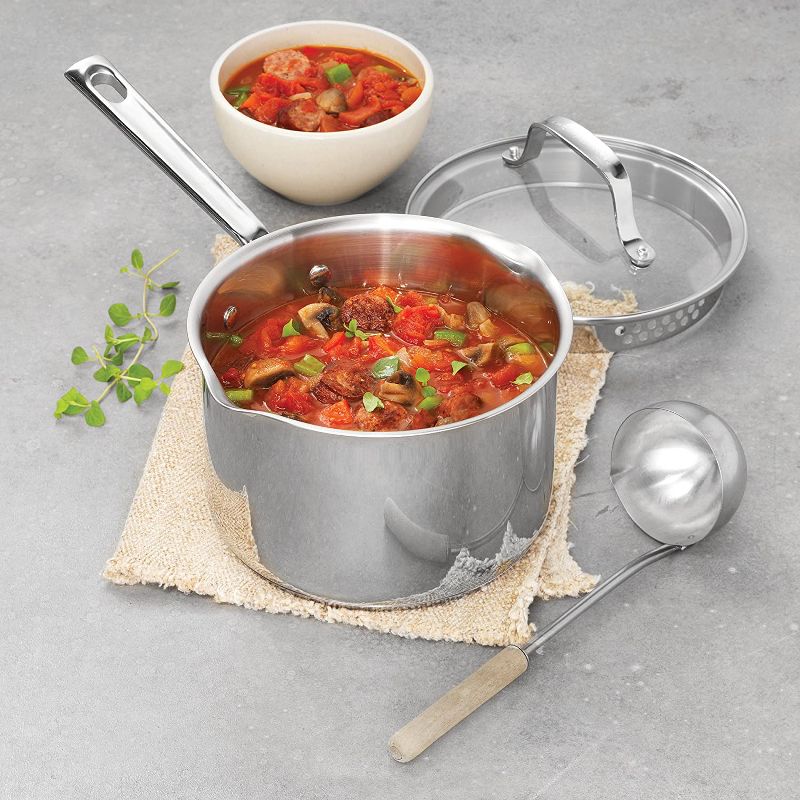 Emeril Lagasse Stainless Steel Versatile 3 Quart Cooking Sauce Pan with Easy Pour Spout and Convenient Straining Lid (2 Pack)