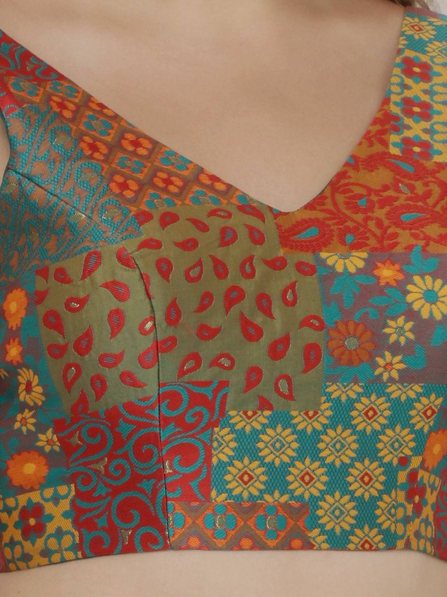 Salwar Studio Rama Green & Orange Printed Readymade Blouse