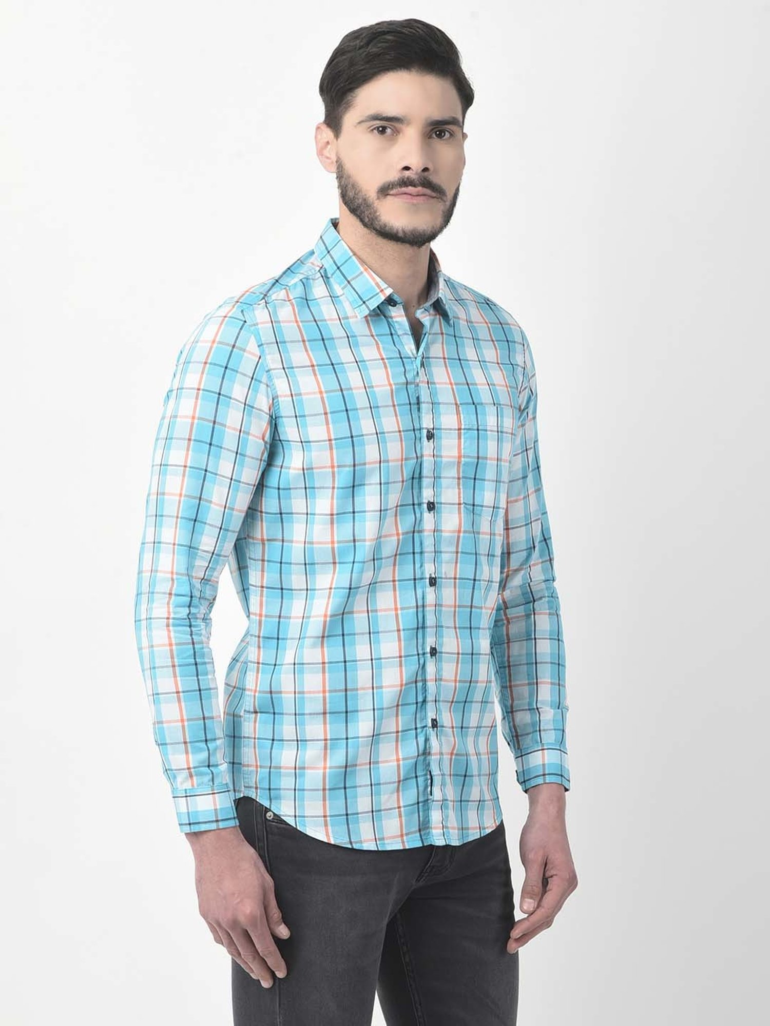 NUMERO UNO Sea Green Slim Fit Check Shirt